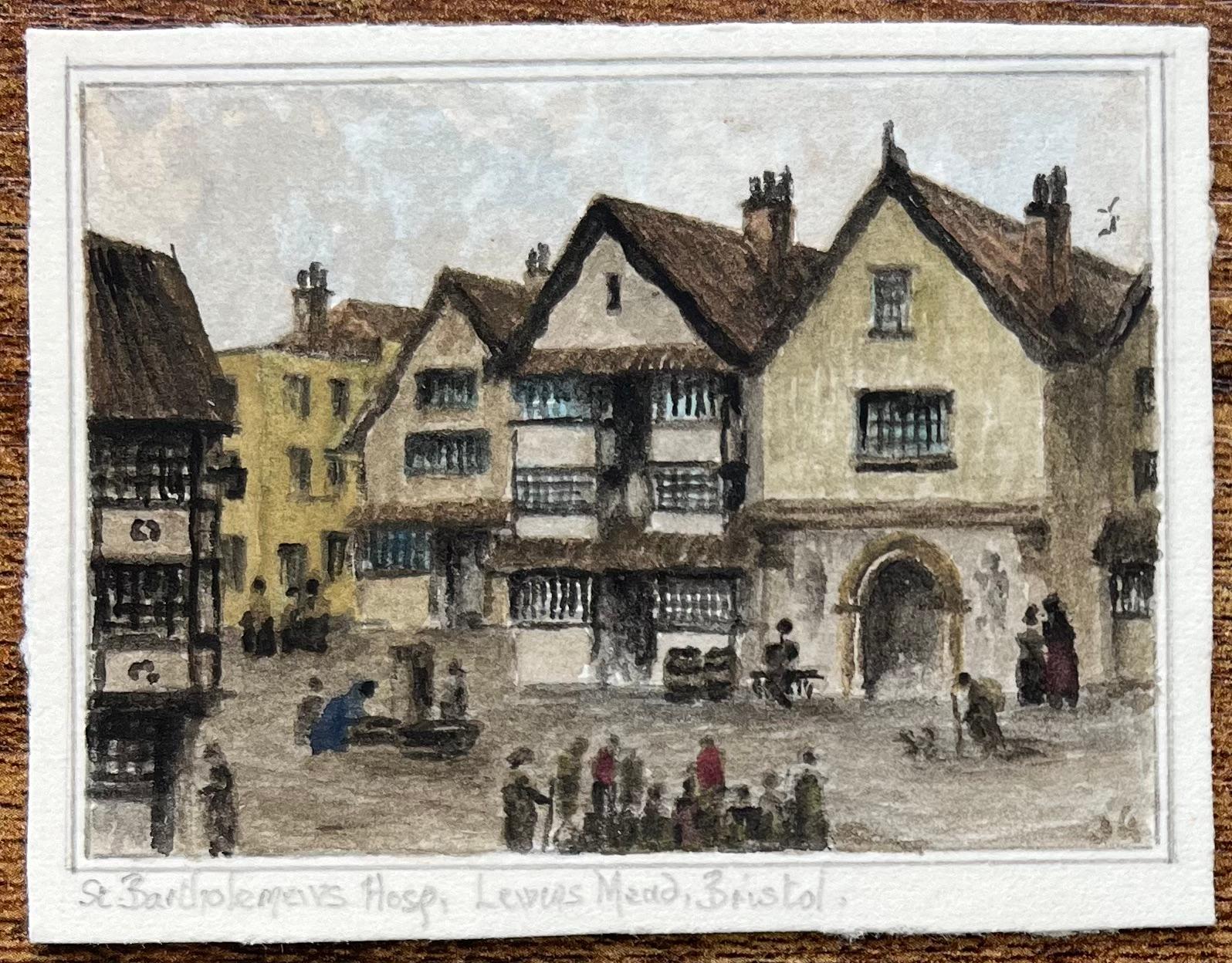 Set of Four Historic Miniature Watercolor of Bristol Coaching Inns and Landmarks - English School Art by Jack Grunwell