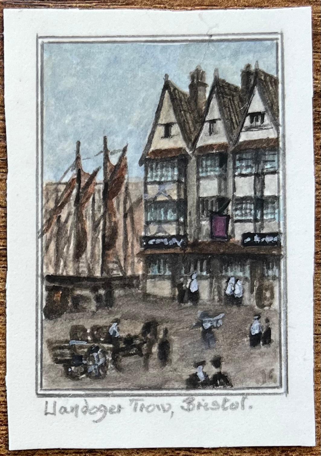 Set of Four Historic Miniature Watercolor of Bristol Coaching Inns and Landmarks - Gray Landscape Art by Jack Grunwell