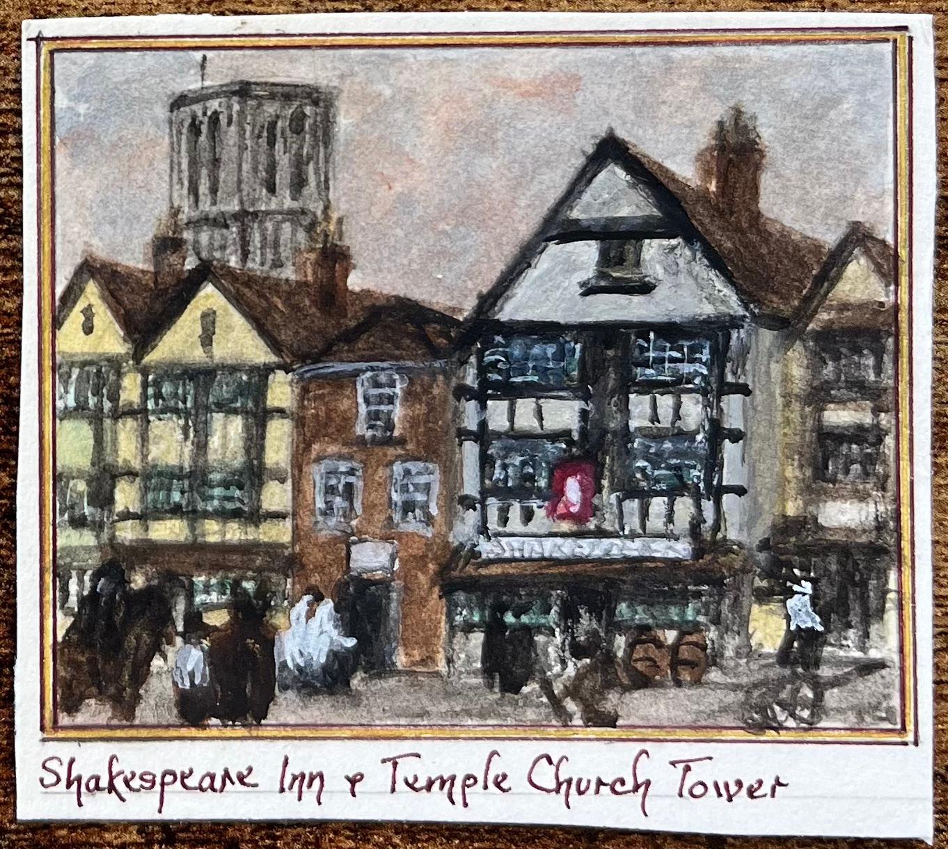 Title: Set of Four Historic Miniature Watercolor of Bristol Coaching Inns and Landmarks
by Jack Grunwell, 20th century British artist 
Medium: Watercolor on thin card, unframed
Measurements: Top left: 2.5 inches (height) x 3.25 inches (width)
Top