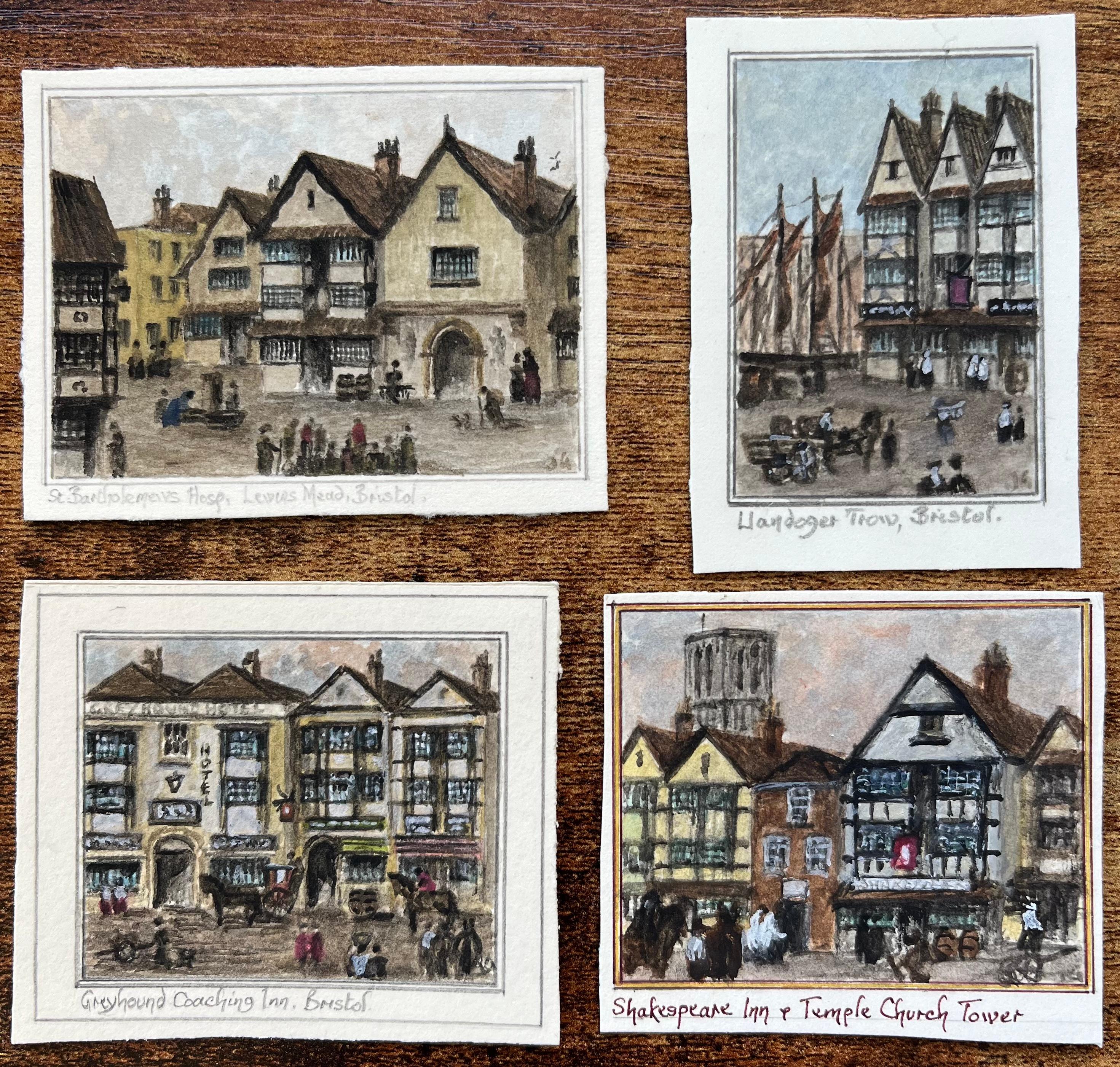 Set of Four Historic Miniature Watercolor of Bristol Coaching Inns and Landmarks - Art by Jack Grunwell