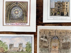 Conjunto de cuatro acuarelas en miniatura de la catedral de Bristol y detalles arquitectónicos