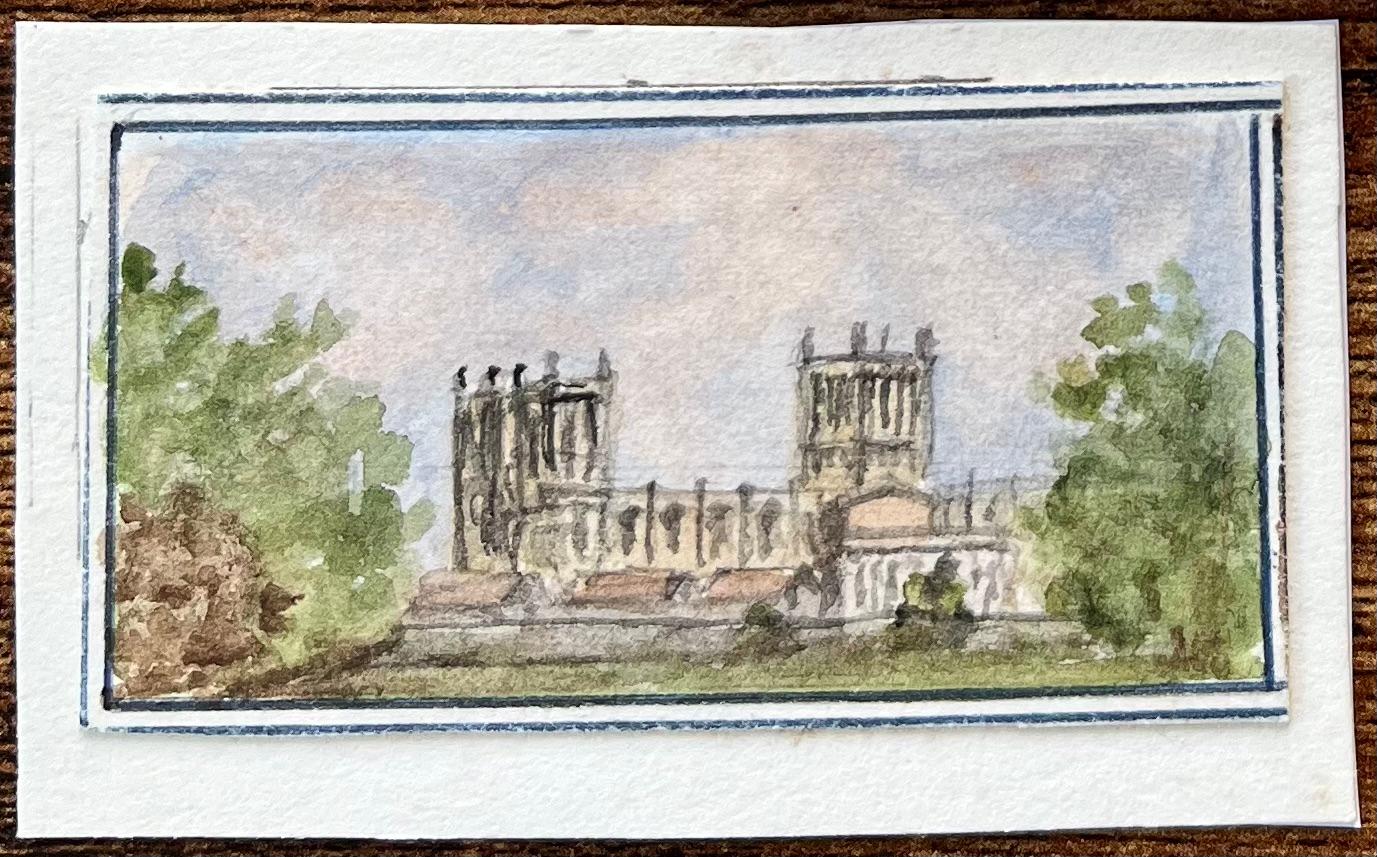 Titel: Vier Miniatur-Aquarelle der Kathedrale von Bristol und architektonische Details
von Jack Grunwell, britischer Künstler des 20. 
Medium: Aquarell auf dünnem Karton, ungerahmt
Abmessungen: Oben links: 3,5 Zoll (Höhe) x 3,25 Zoll (Breite)
Oben