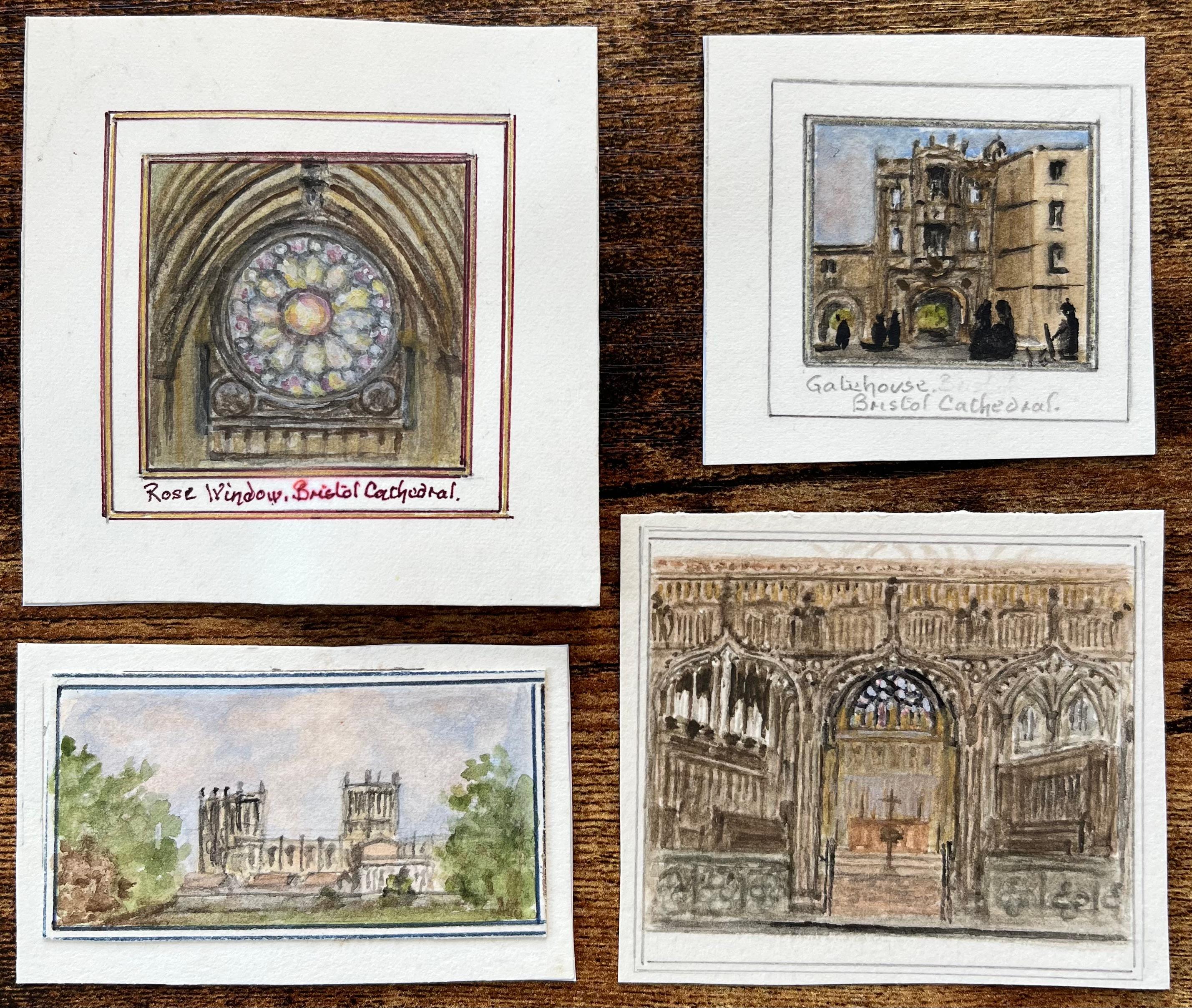 Satz von vier Miniatur-Aquarellen der Kathedrale von Bristol und architektonischen Details – Painting von Jack Grunwell
