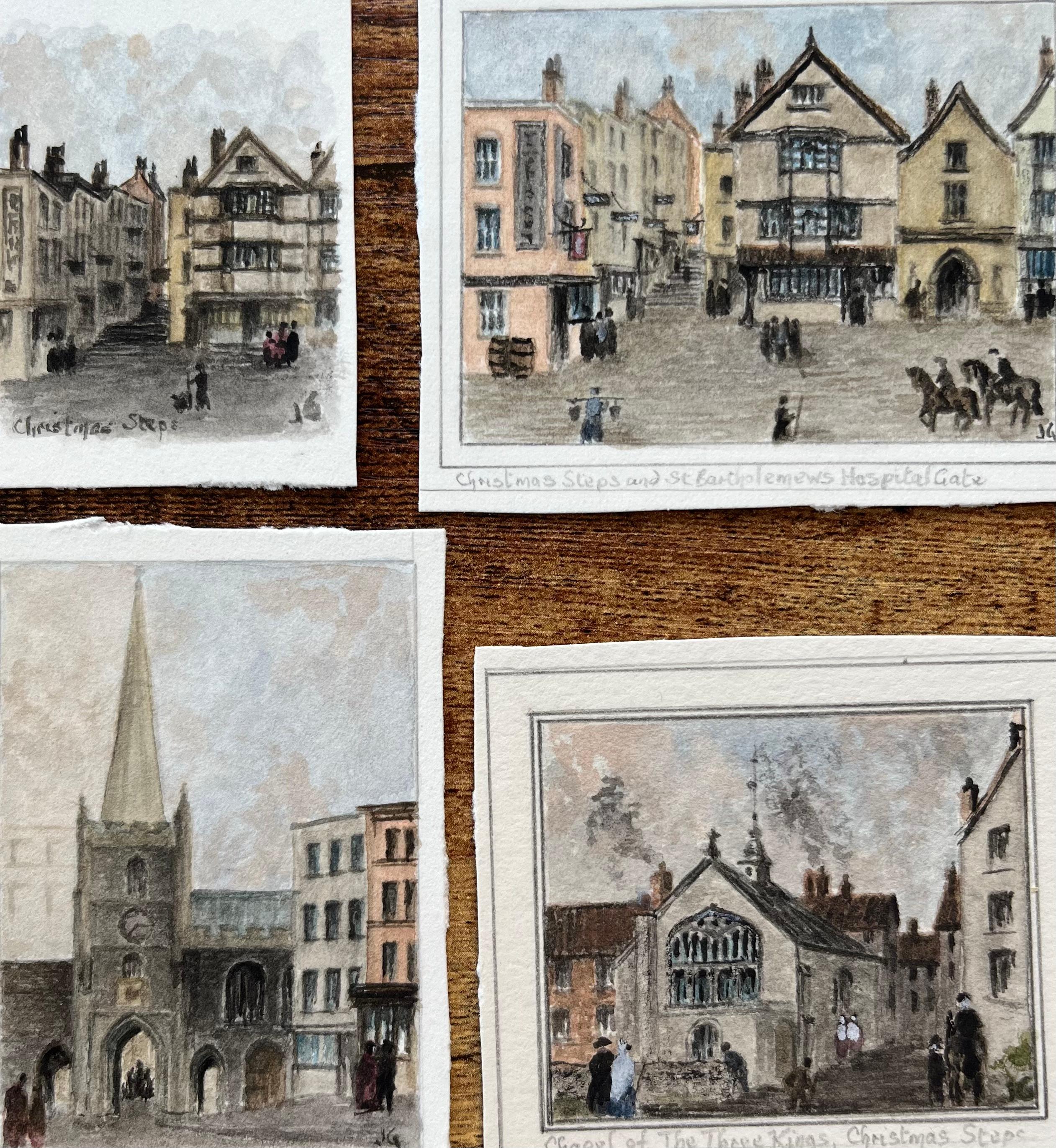 Jack Grunwell Landscape Painting - Four Miniature Watercolor of Landmarks Christmas Steps and St John on the Wall