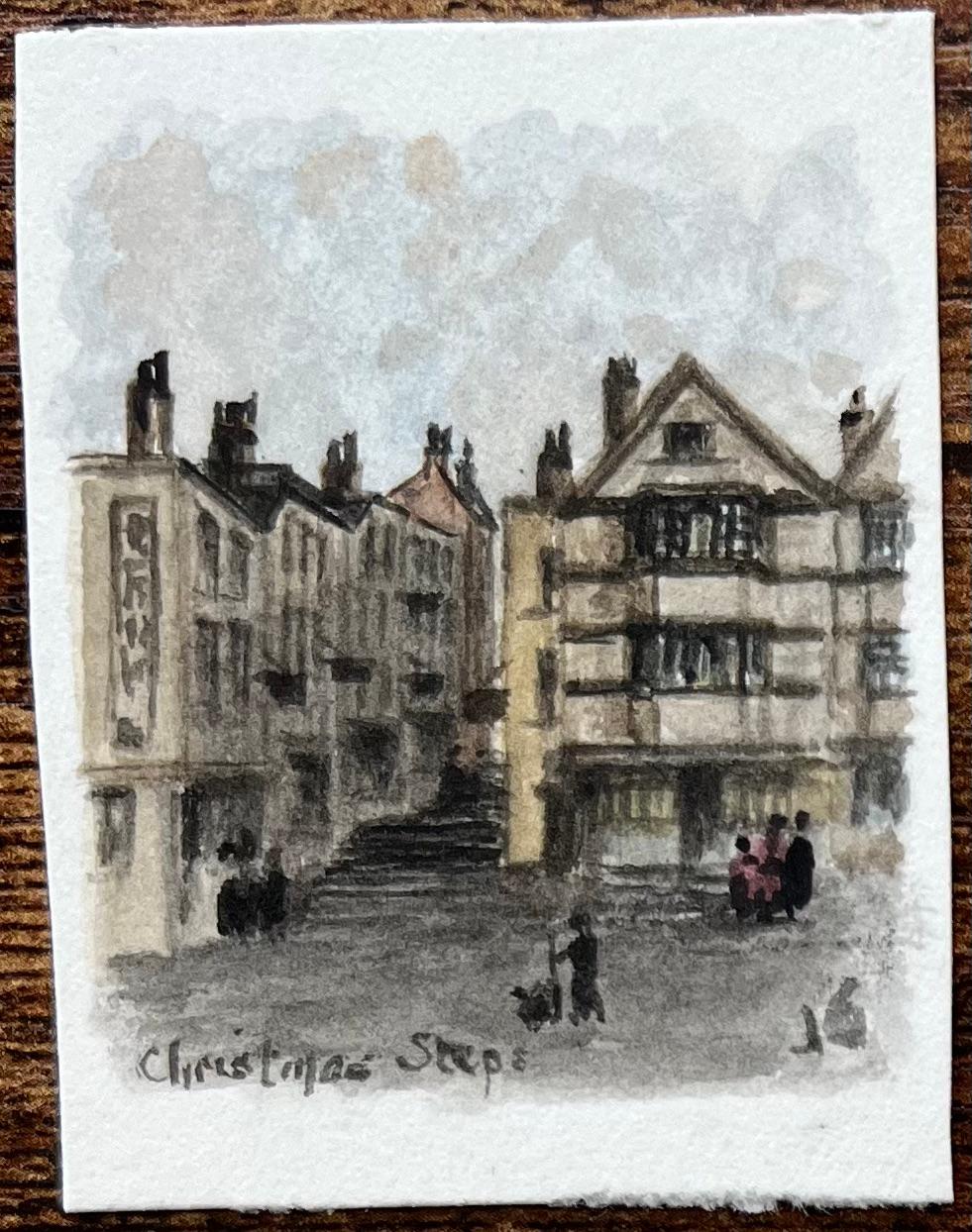 Four Miniature Watercolor of Landmarks Christmas Steps and St John on the Wall - English School Painting by Jack Grunwell
