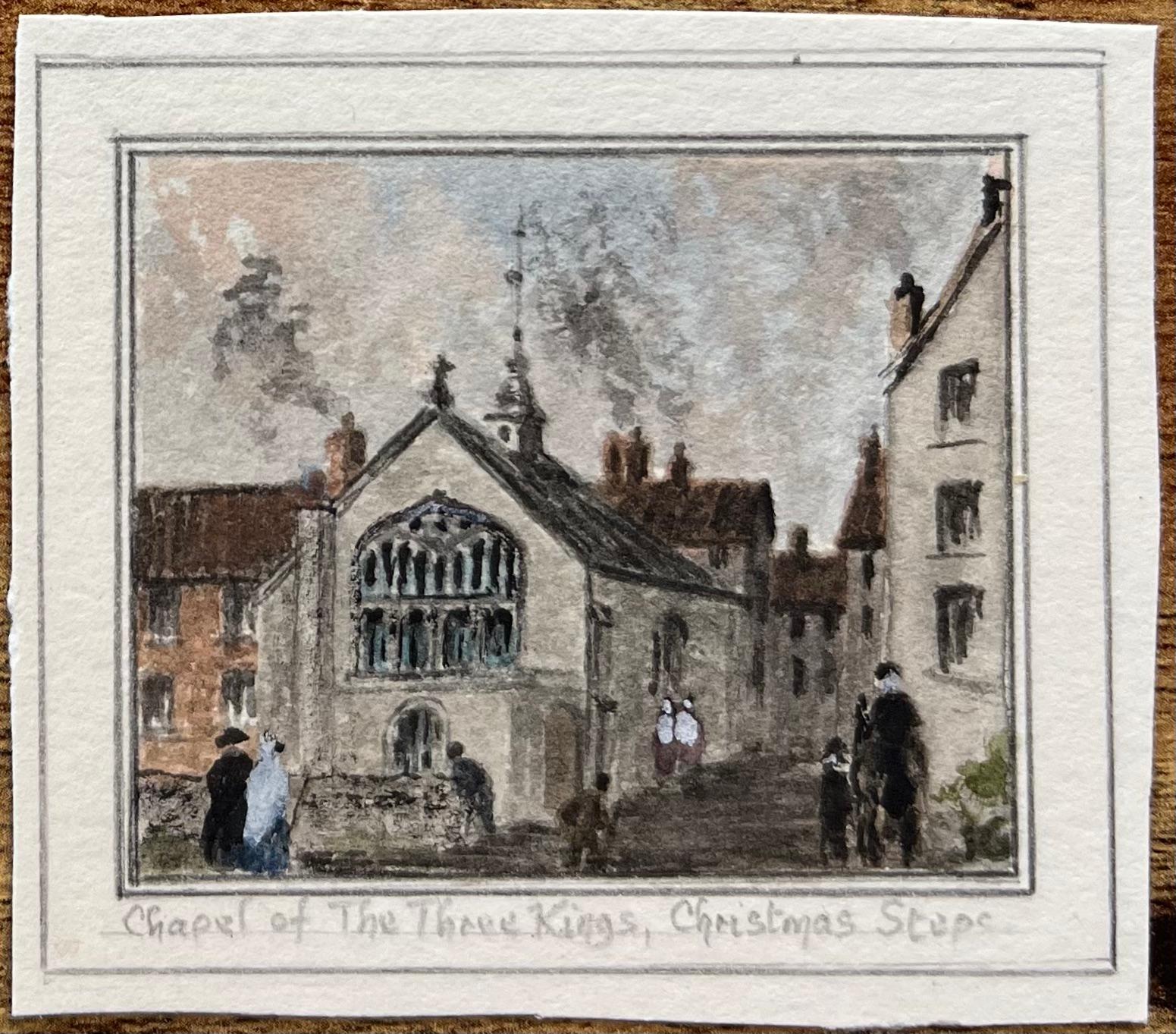 Four Miniature Watercolor of Landmarks Christmas Steps and St John on the Wall For Sale 1