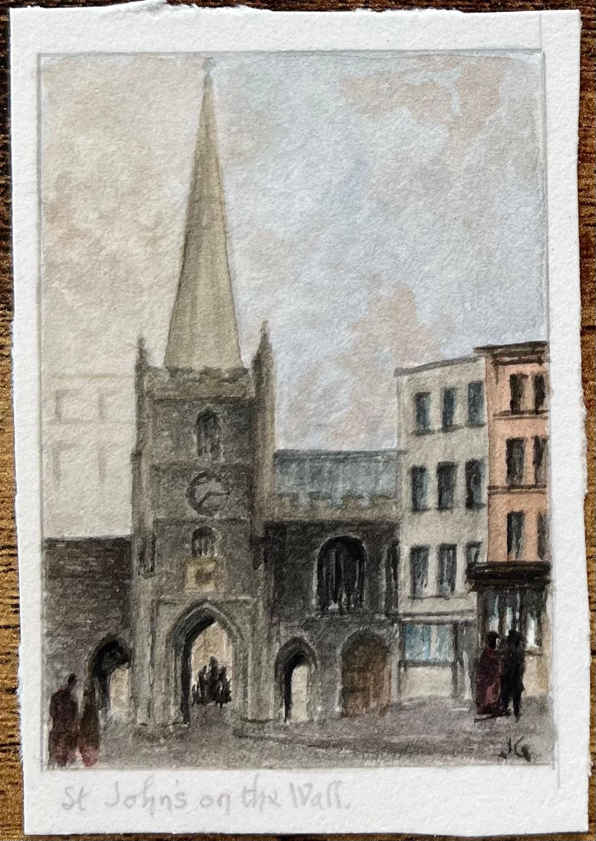 Title: Four Miniature Watercolor of Landmarks Christmas Steps and St John on the Wall
by Jack Grunwell, 20th century British artist 
Medium: Watercolor on thin card, unframed
Measurements: Top left: 2.75 inches (height) x 1.75 inches (width)
Top