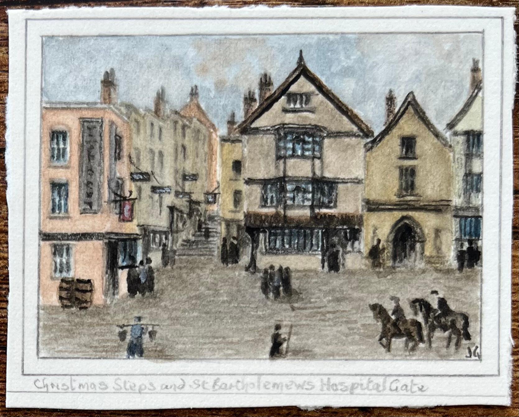 Four Miniature Watercolor of Landmarks Christmas Steps and St John on the Wall - Gray Landscape Painting by Jack Grunwell