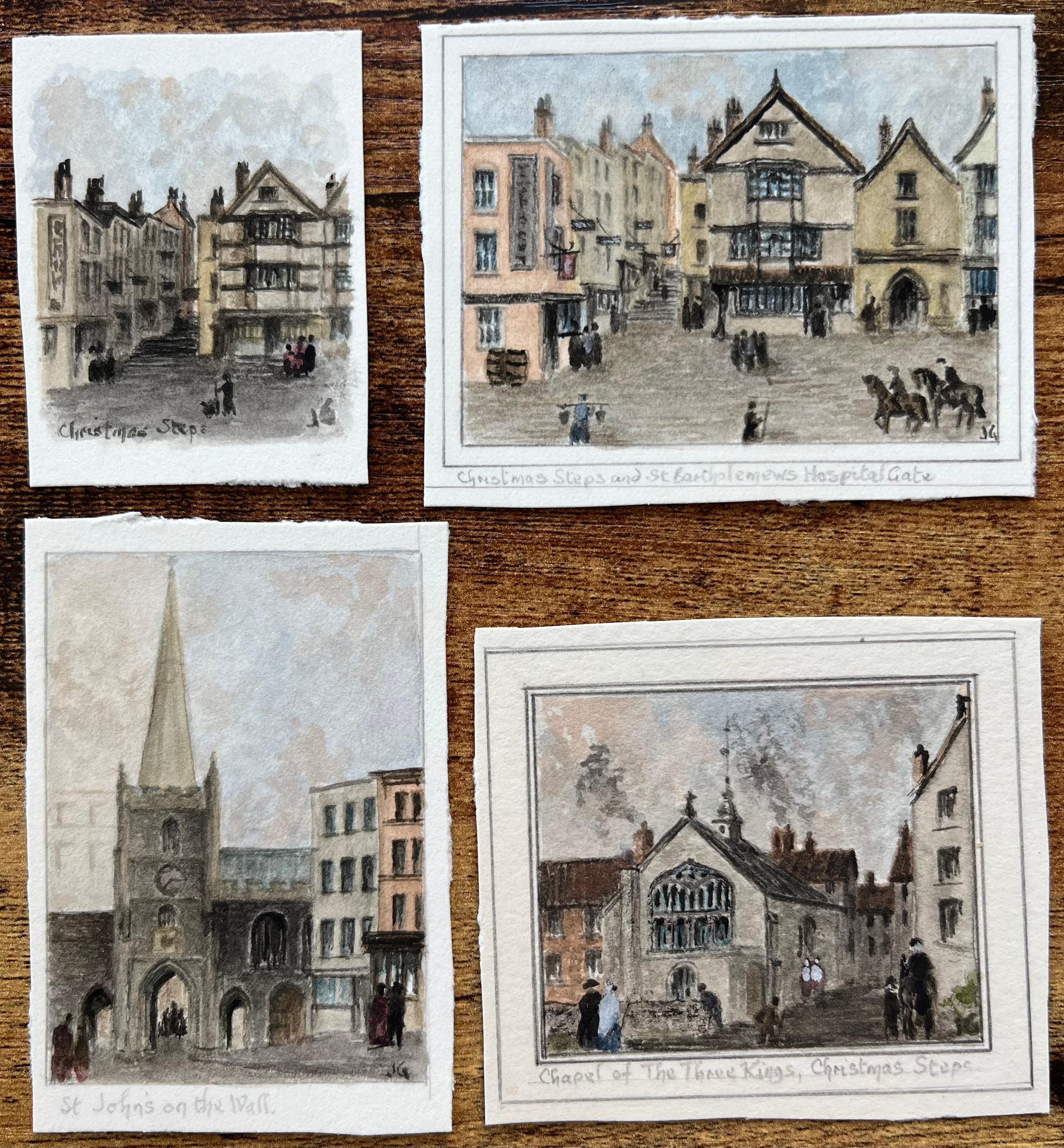 Four Miniature Watercolor of Landmarks Christmas Steps and St John on the Wall - Painting by Jack Grunwell