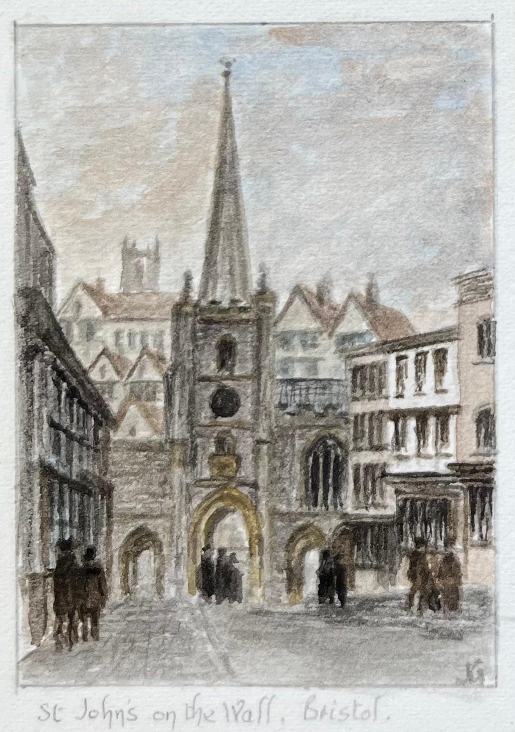 Titolo: Set di quattro acquerelli in miniatura di Bristol Theatre Royal e St. Johns Gate
di Jack Grunwell, artista britannico del XX secolo 
Medium: Acquerello su cartoncino sottile, senza cornice
Misure: In alto a sinistra: 2,25 pollici (altezza) x