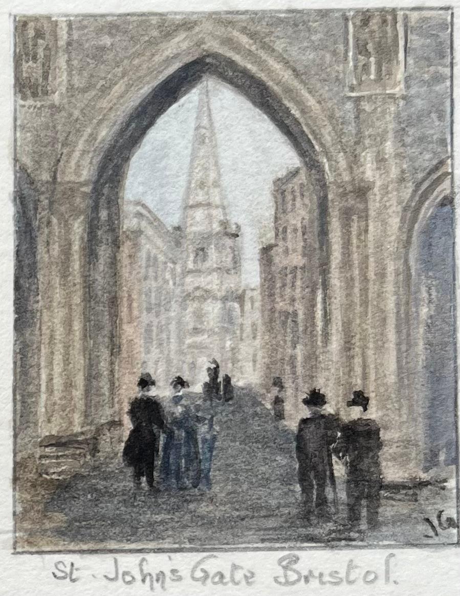Set di quattro acquerelli in miniatura di Bristol Theatre Royal e St. Johns Gate - Landscape Painting Grigio di Jack Grunwell