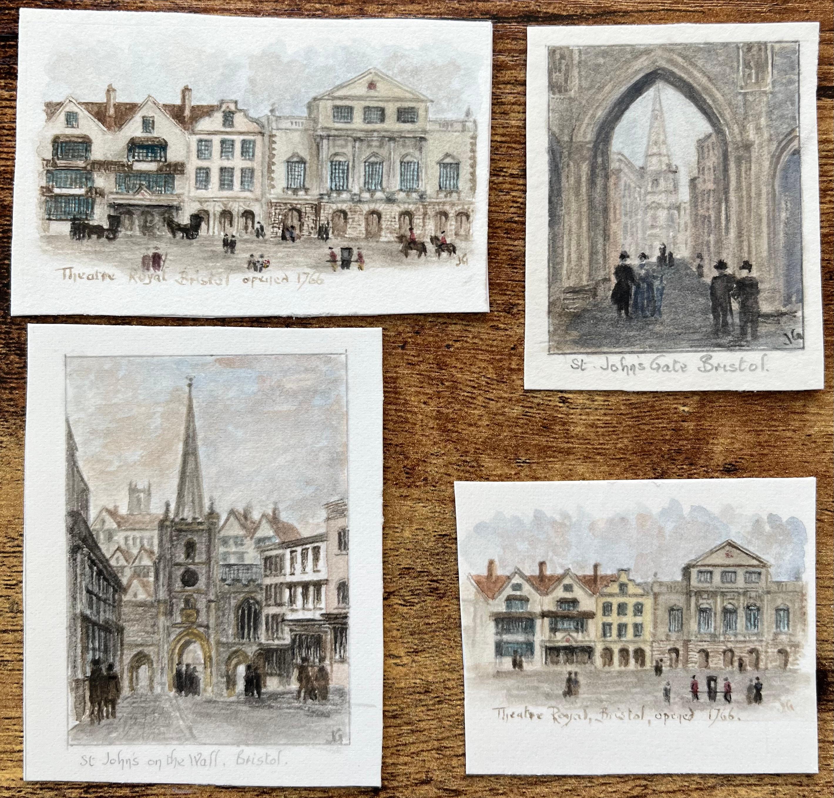 Set di quattro acquerelli in miniatura di Bristol Theatre Royal e St. Johns Gate - Painting di Jack Grunwell