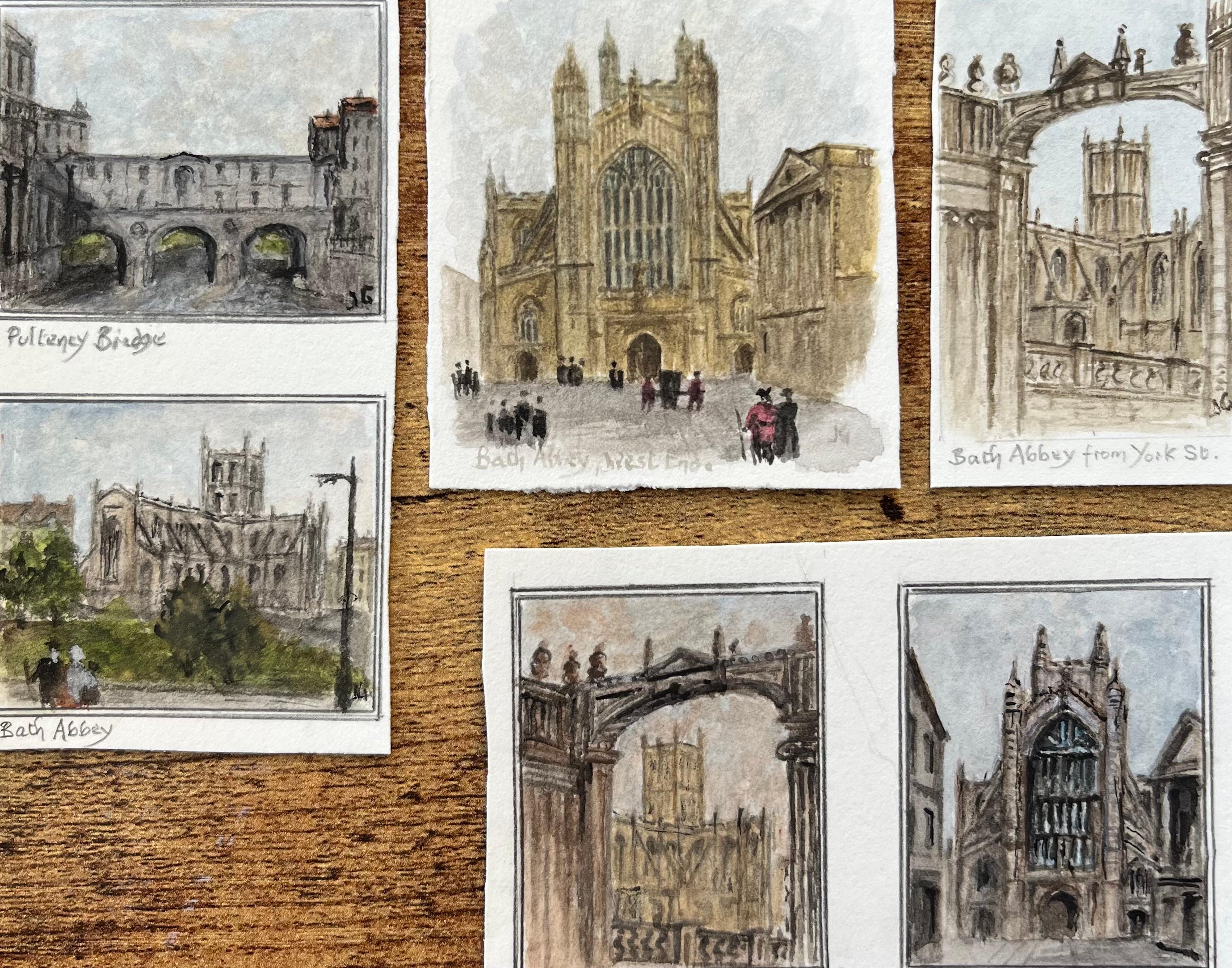 Jack Grunwell Landscape Art - Set of Architectural Miniature Watercolor of Bath Abbey and Pulteney Bridge