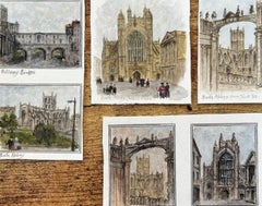 Conjunto de miniaturas arquitectónicas en acuarela de la Abadía de Bath y el Puente Pulteney