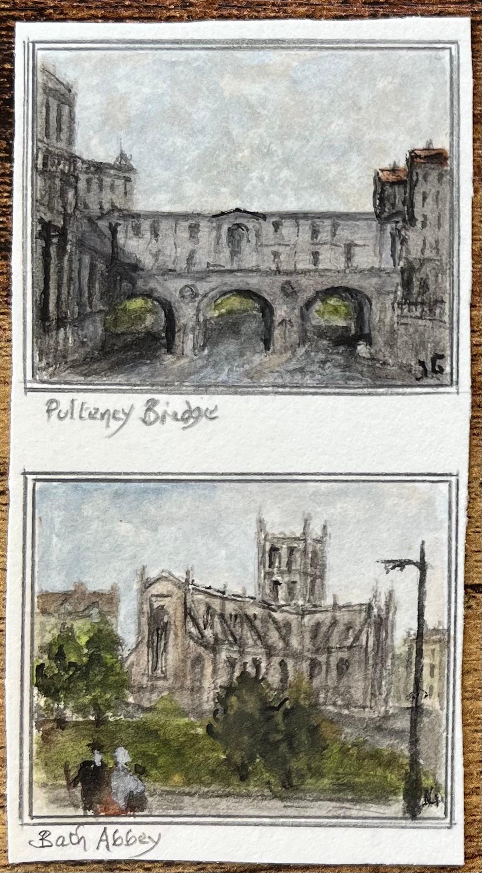 Set of Architectural Miniature Watercolor of Bath Abbey and Pulteney Bridge - English School Art by Jack Grunwell
