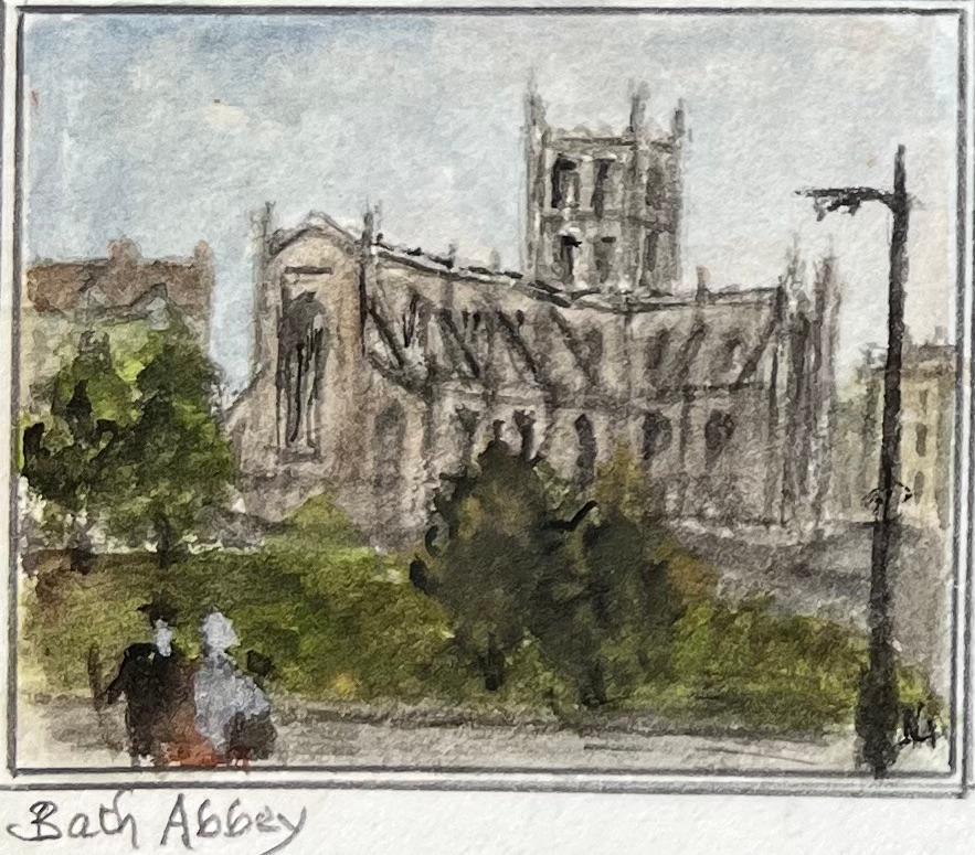 Title: Set of Architectural Miniature Watercolor of Bath Abbey and Pulteney Bridge
by Jack Grunwell, 20th century British artist 
Medium: Watercolor on thin card, unframed
Measurements: Far left: 3.75 inches (height) x 2.25 inches (width)
Top