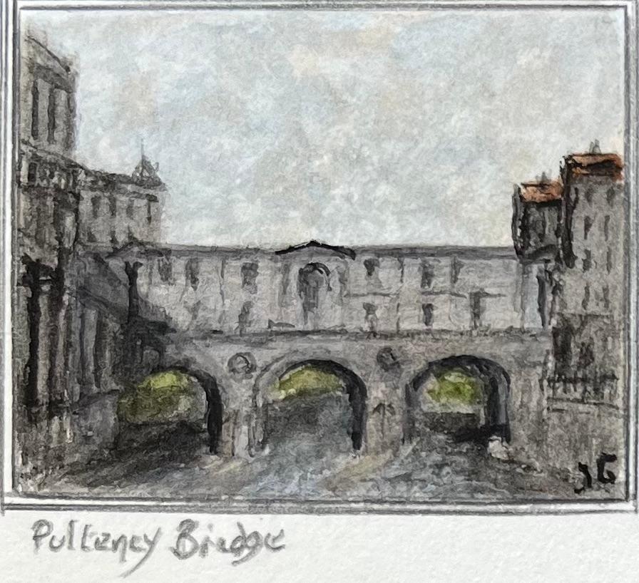 Set of Architectural Miniature Watercolor of Bath Abbey and Pulteney Bridge - Brown Landscape Art by Jack Grunwell