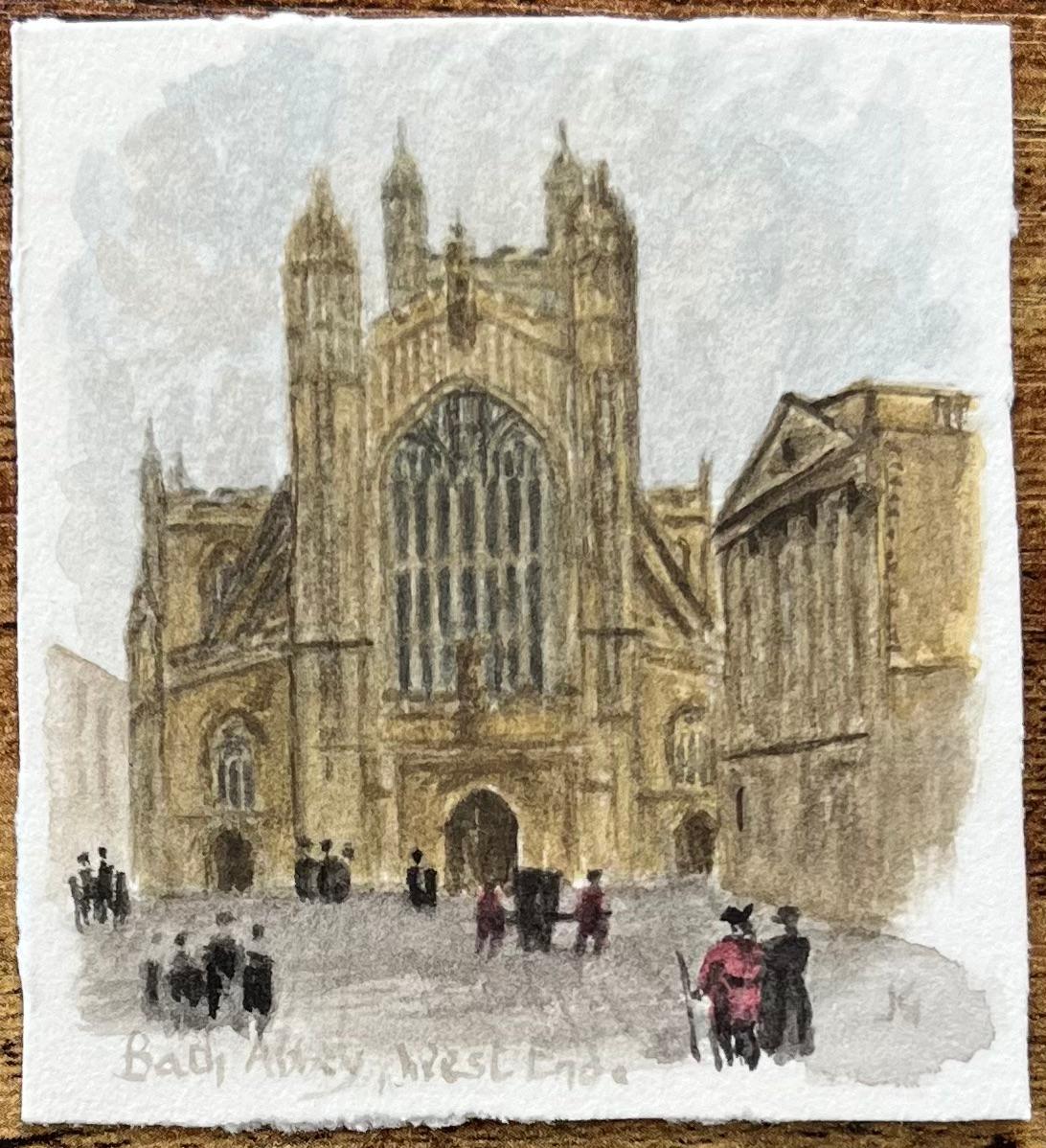 Set of Architectural Miniature Watercolor of Bath Abbey and Pulteney Bridge For Sale 1