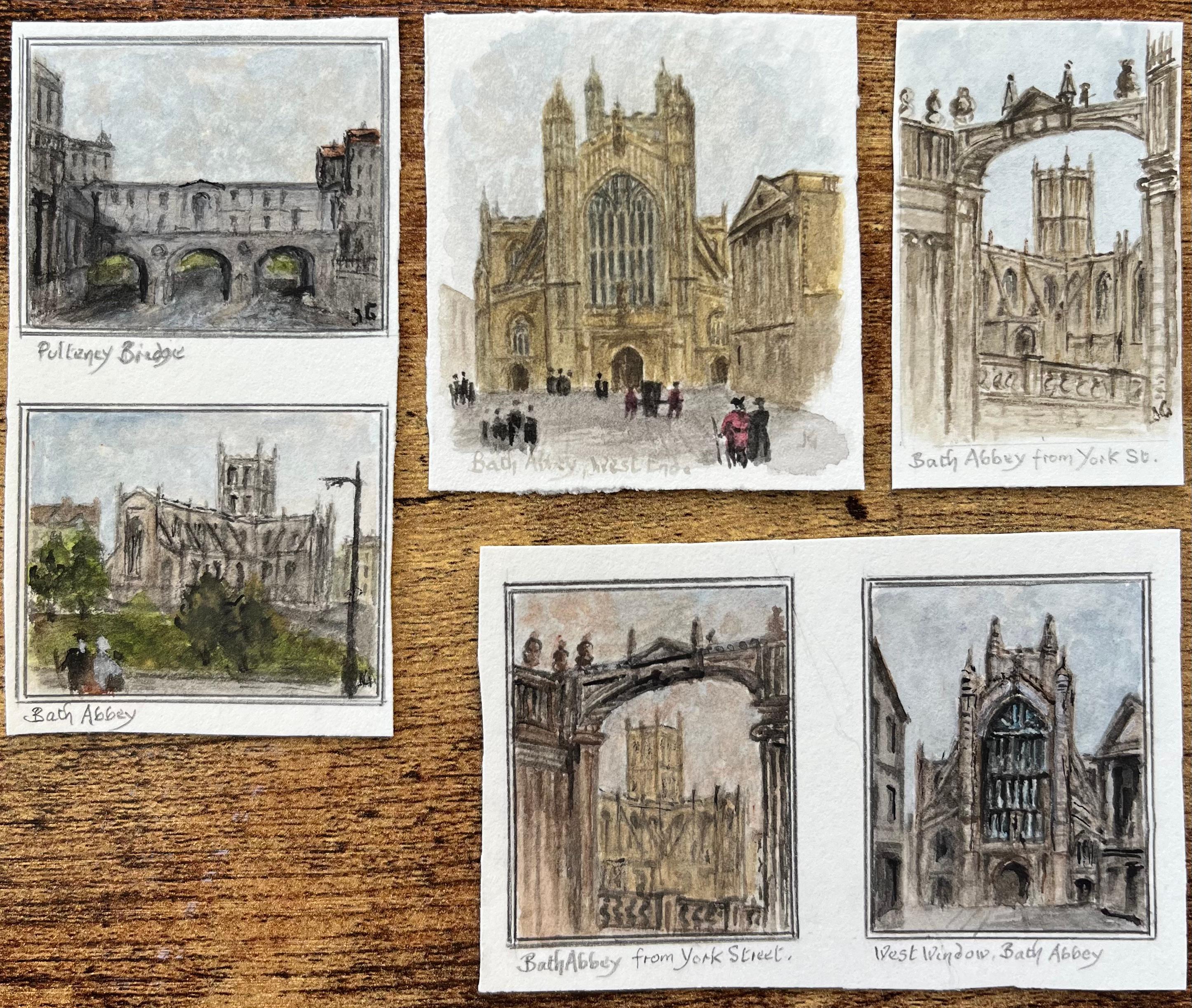 Set of Architectural Miniature Watercolor of Bath Abbey and Pulteney Bridge - Art by Jack Grunwell