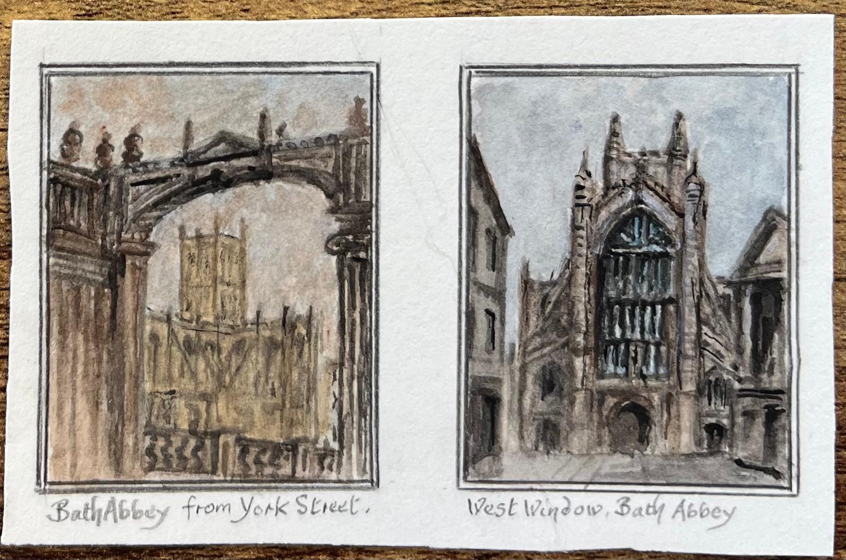 Set of Architectural Miniature Watercolor of Bath Abbey and Pulteney Bridge For Sale 2