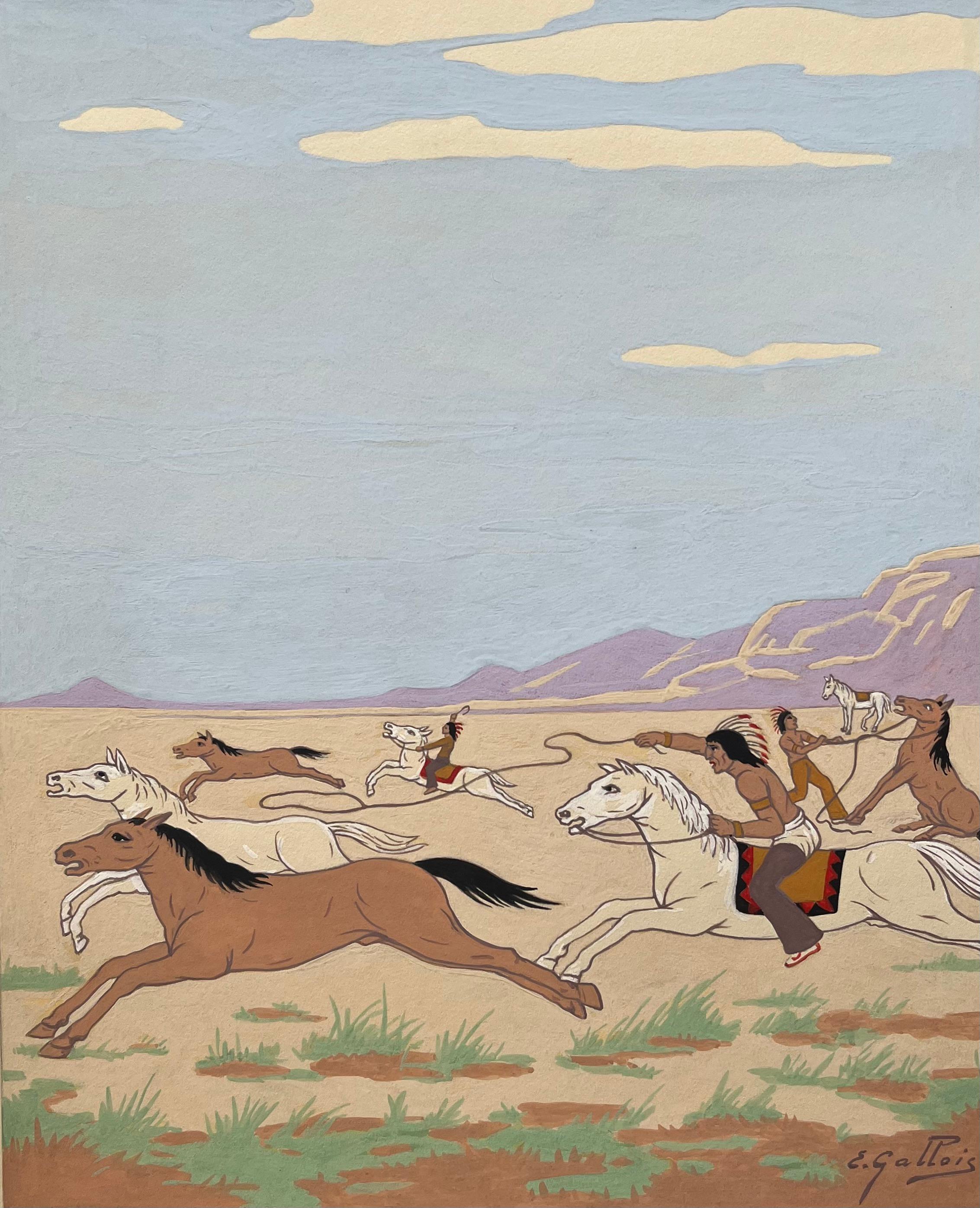 Figurative Art de Emile GALLOIS (1882-1965) - Pintura francesa al gouache sobre la caza de un Mustang indio en Nevada