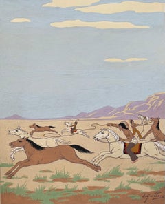 Pintura francesa al gouache sobre la caza de un Mustang indio en Nevada