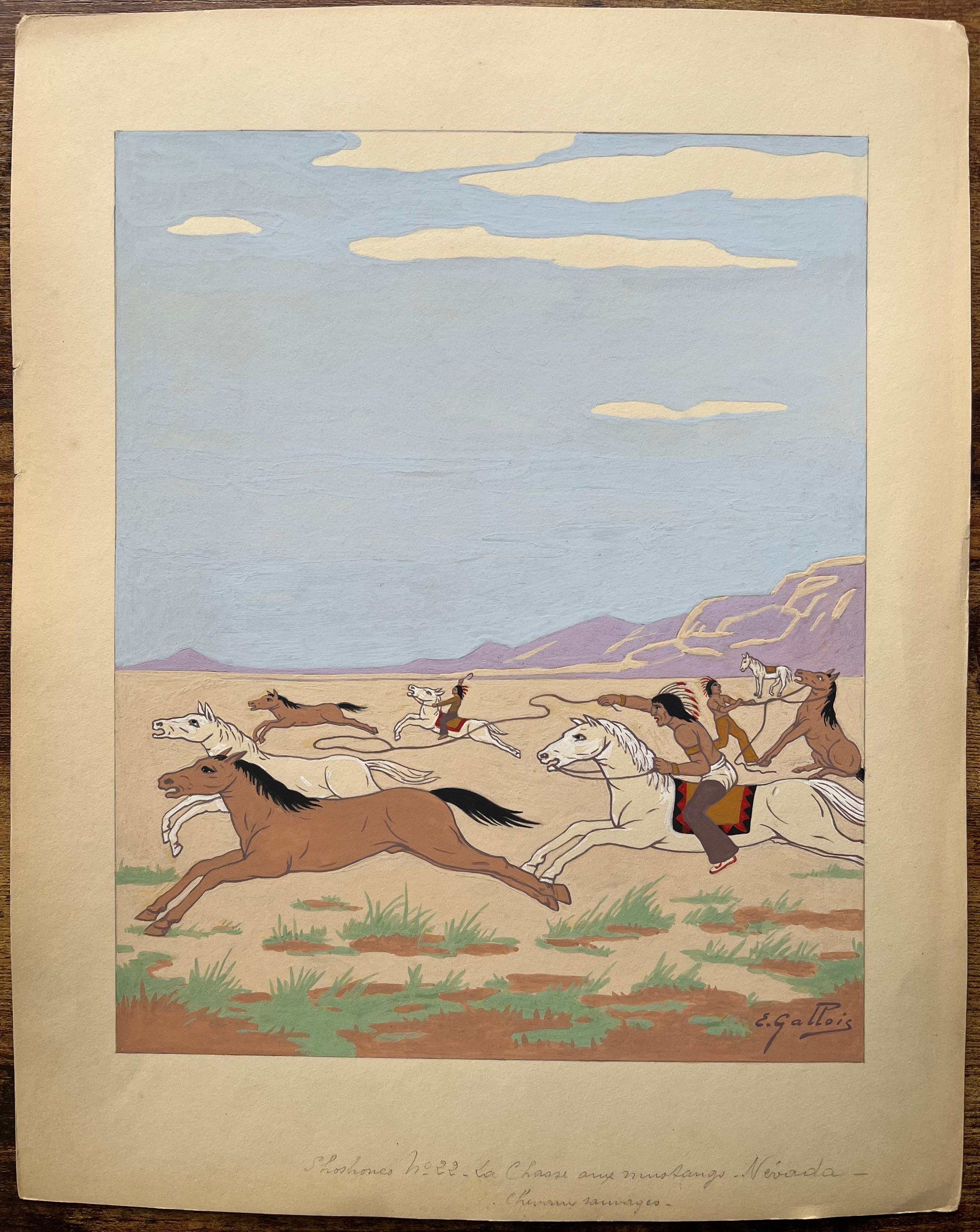 Pintura francesa al gouache sobre la caza de un Mustang indio en Nevada - Art de Emile GALLOIS (1882-1965)