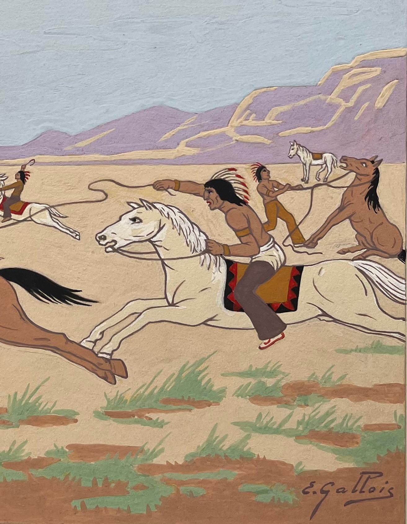 Pintura francesa al gouache sobre la caza de un Mustang indio en Nevada - Art moderno estadounidense de Emile GALLOIS (1882-1965)