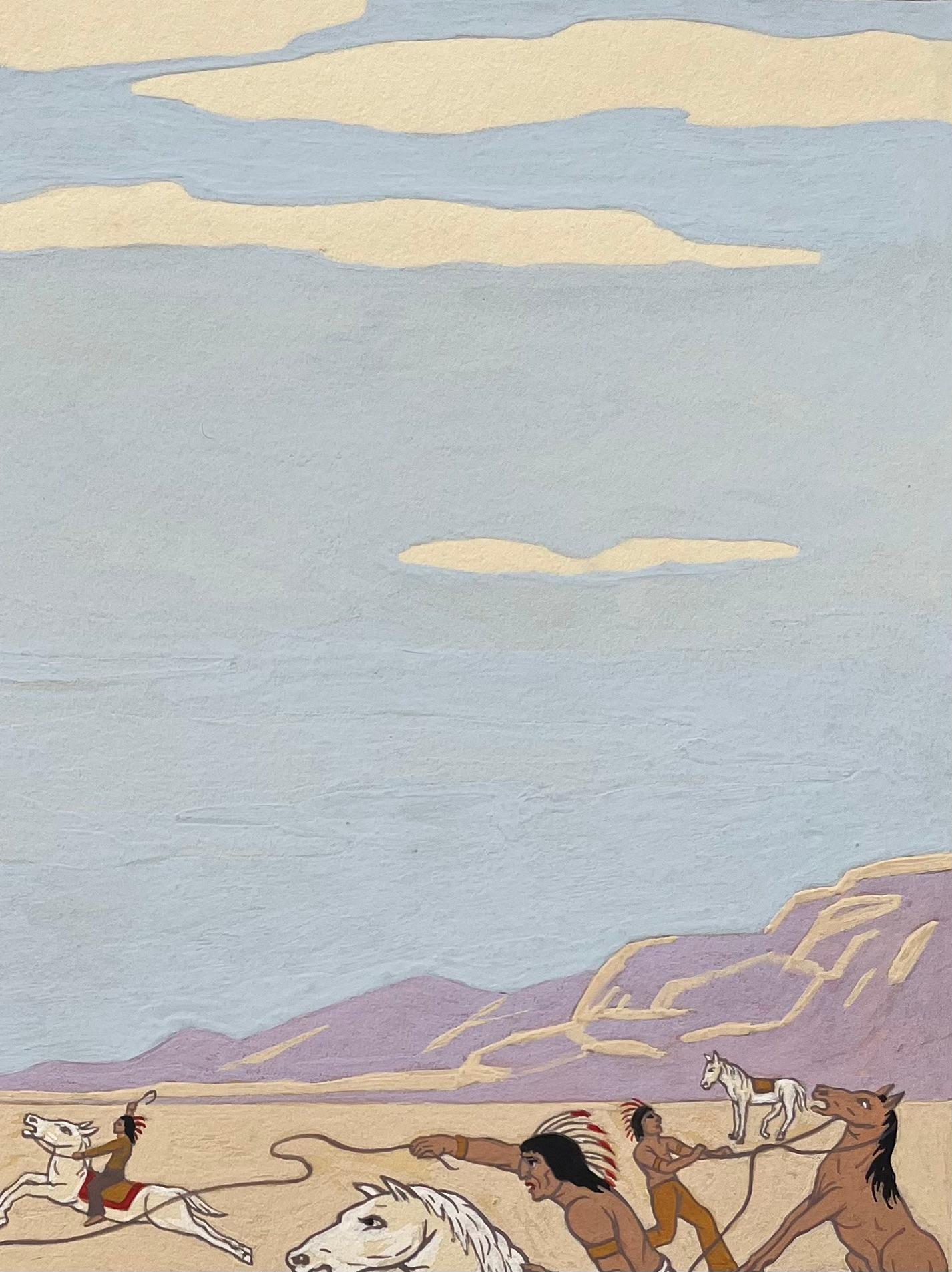 Título: Pintura francesa al gouache de la caza de un Mustang nativo americano en Nevada
de Emile GALLOIS (1882-1965, francés)
Firmado: Sí
Técnica: Pintura original al gouache sobre papel grueso sin enmarcar,
Tamaño: 13,75 pulgadas (altura) x 11