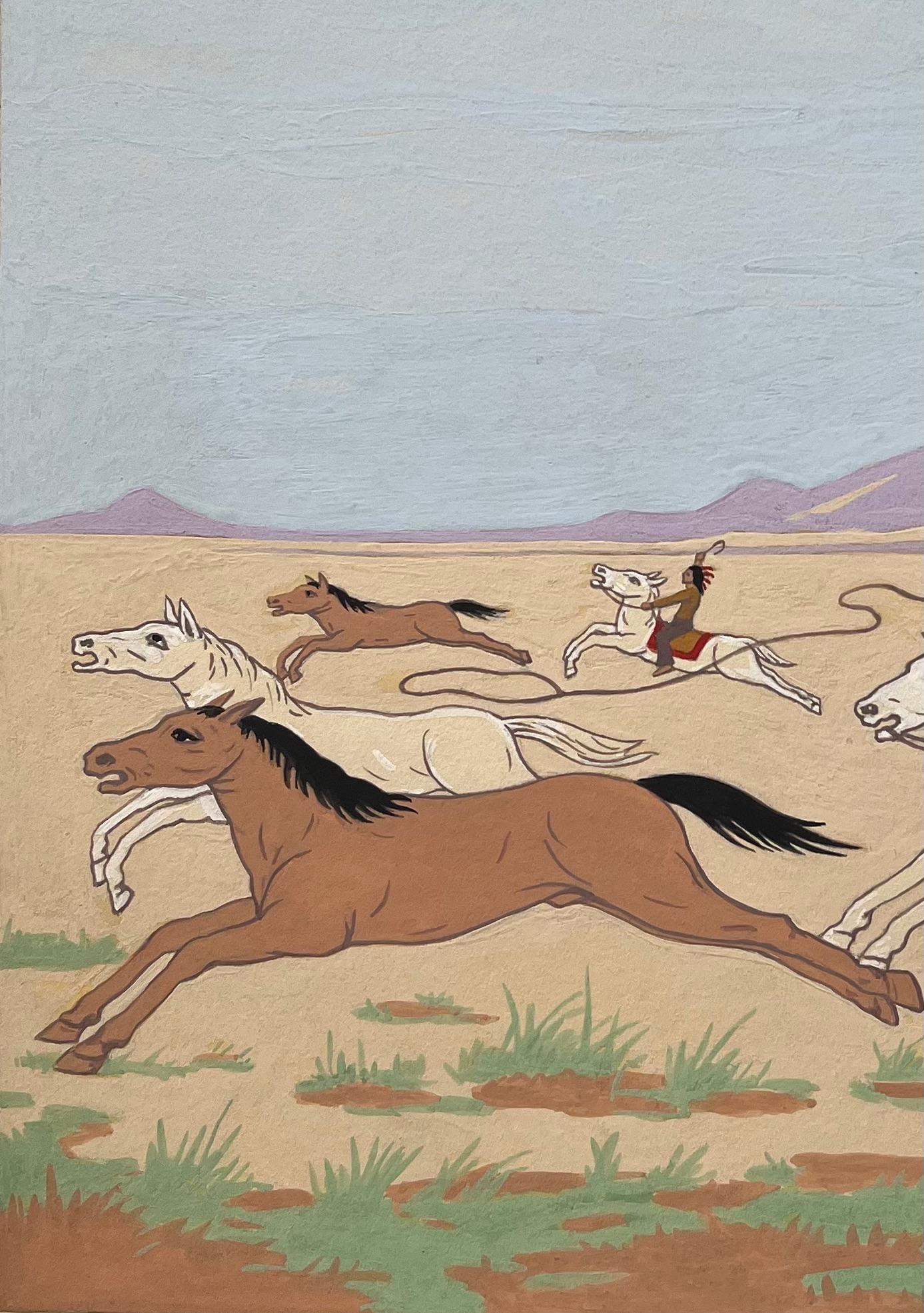 Pintura francesa al gouache sobre la caza de un Mustang indio en Nevada - Figurative Art Gris de Emile GALLOIS (1882-1965)