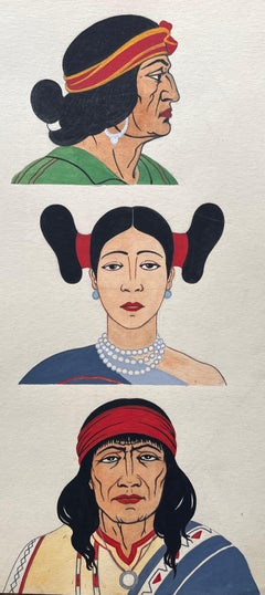 Französische Gouache-Porträtstudie der Navajo Hopi- und Apache-Figuren