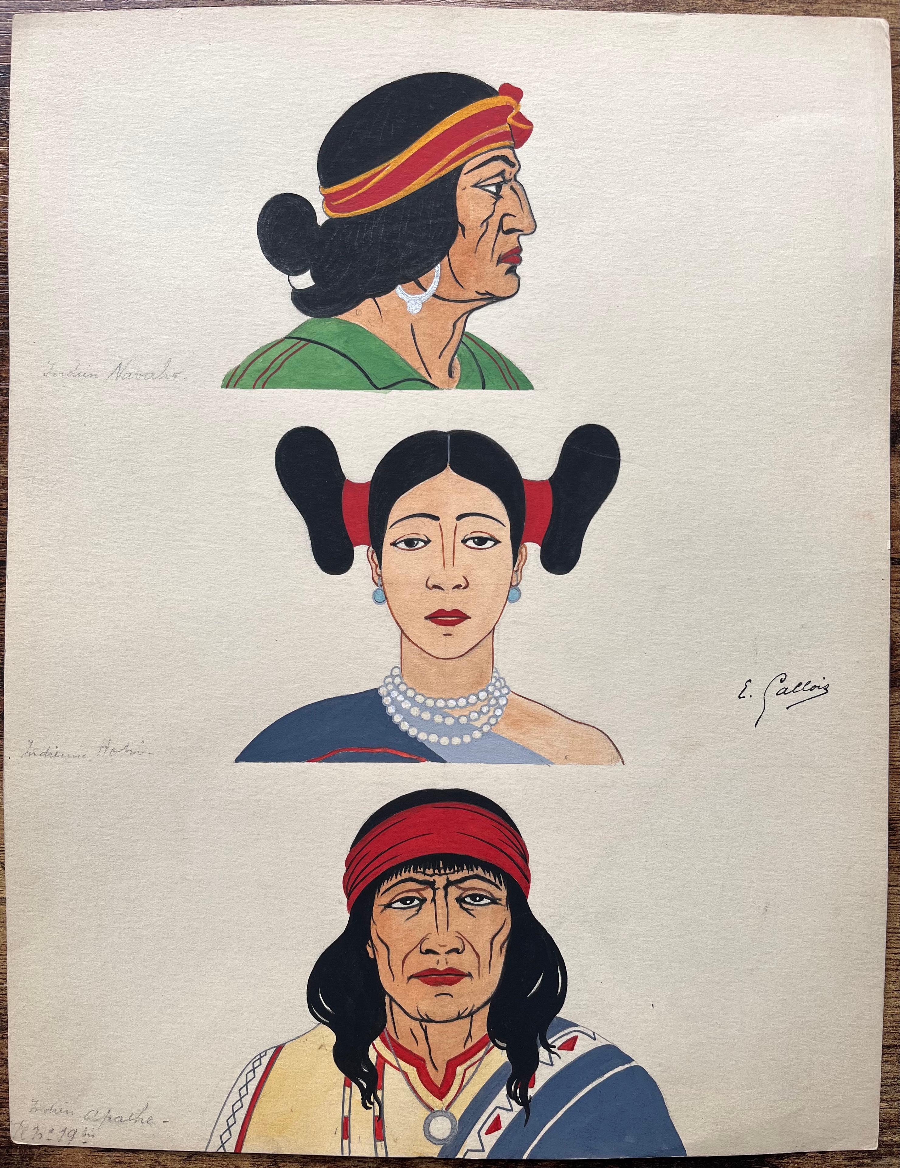 Portraits français à la gouache d'étude des figures Navajo Hopi et Apache - Art de Emile GALLOIS (1882-1965)
