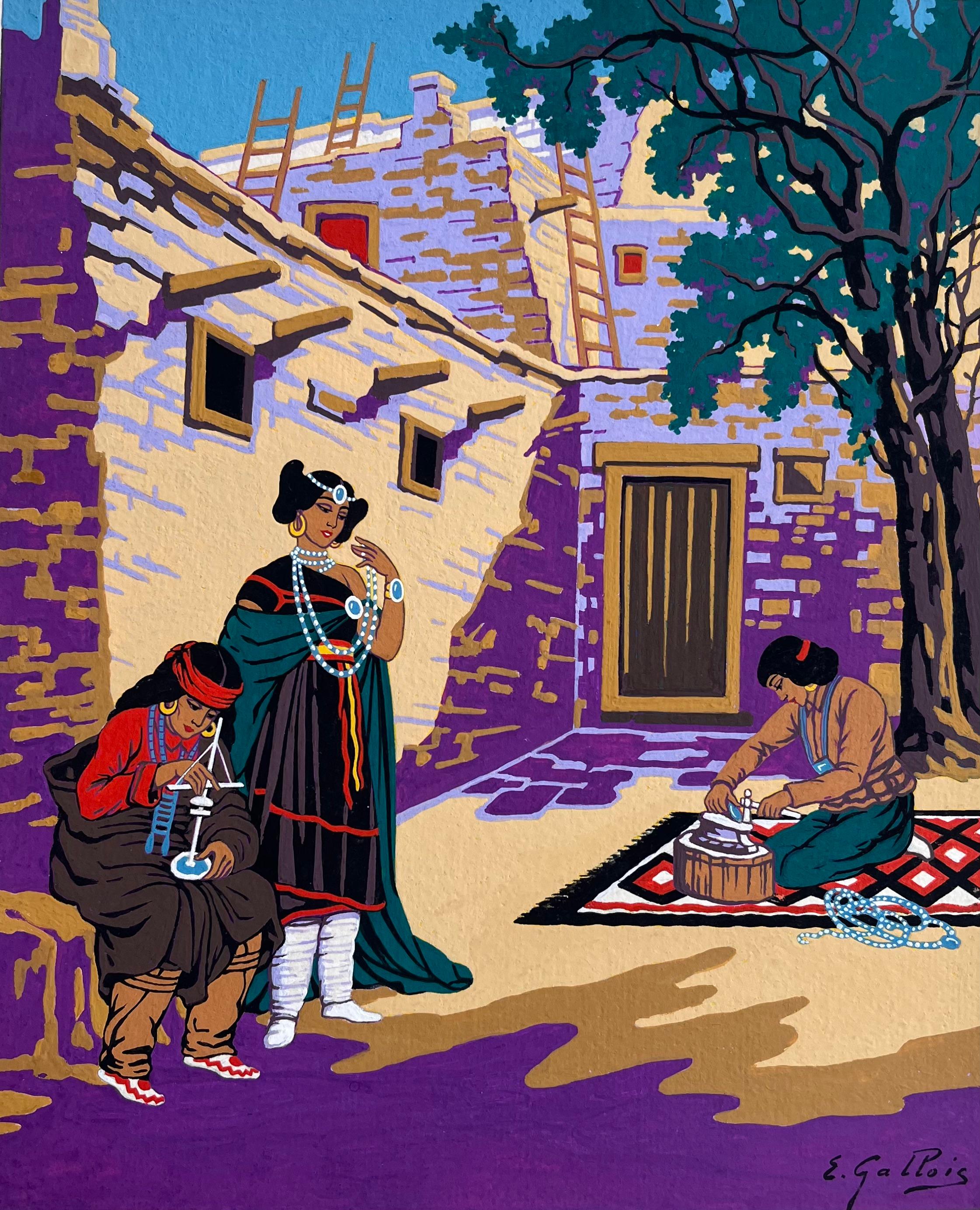Figurative Art di Emile GALLOIS (1882-1965) - Vibrante dipinto a guazzo francese di creatori di gioielli Navajo ad Albuquerque