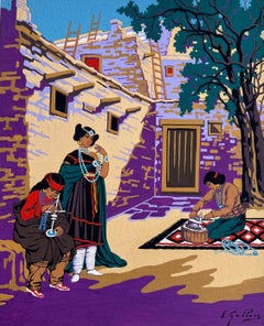 Leuchtend französisches Gouache-Gemälde von Navajo-Schmuckherstellern in Albuquerque