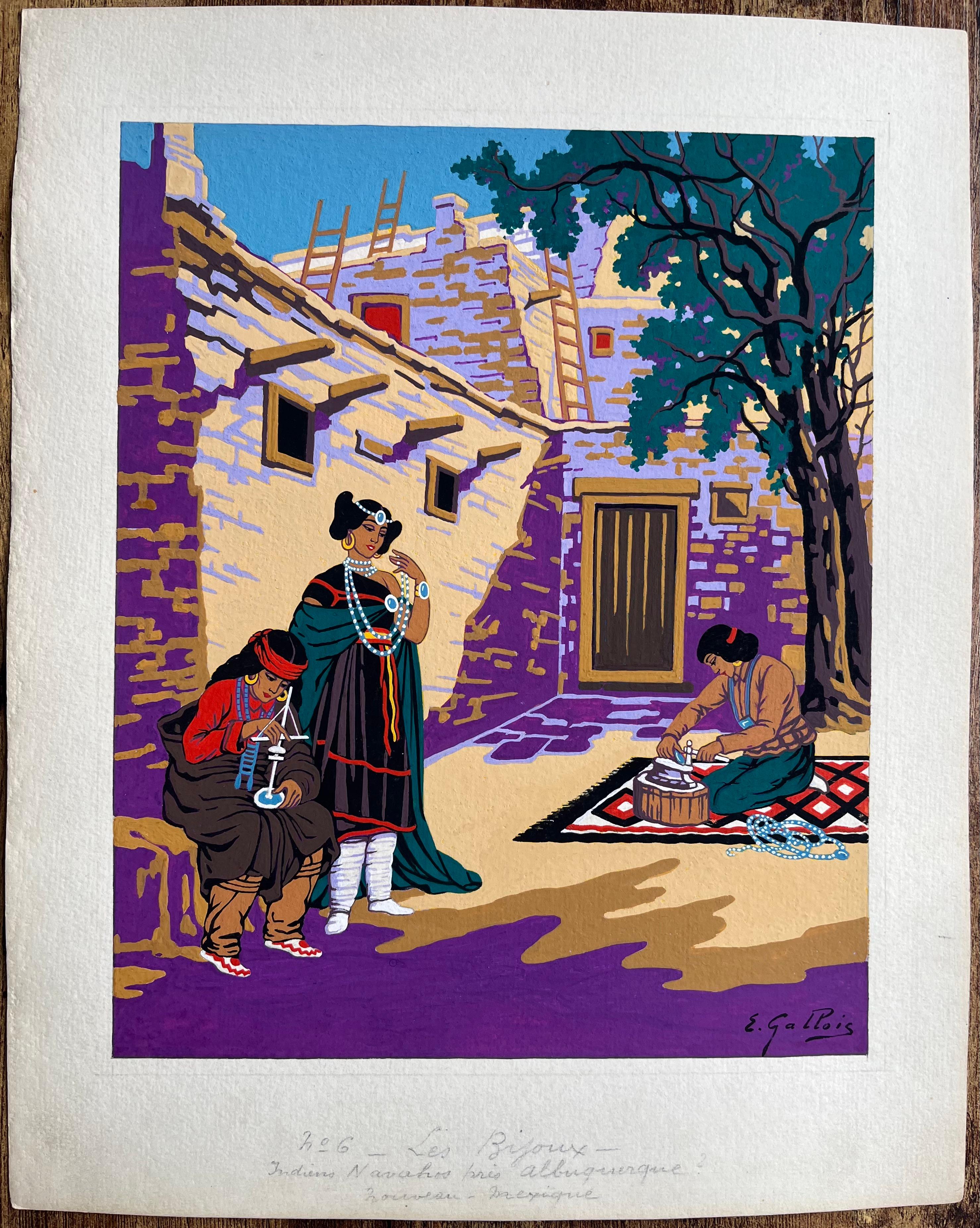 Vibrante dipinto a guazzo francese di creatori di gioielli Navajo ad Albuquerque - Art di Emile GALLOIS (1882-1965)