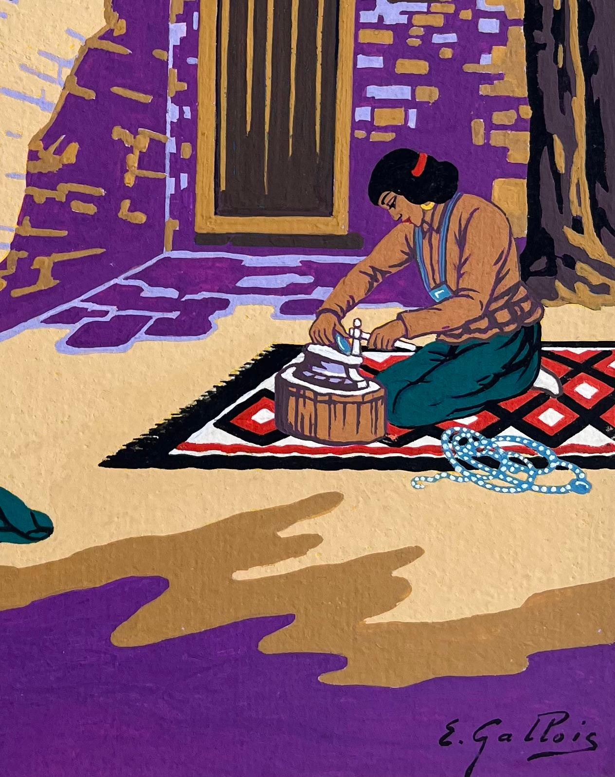 Vibrante dipinto a guazzo francese di creatori di gioielli Navajo ad Albuquerque - Figurative Art Nero di Emile GALLOIS (1882-1965)