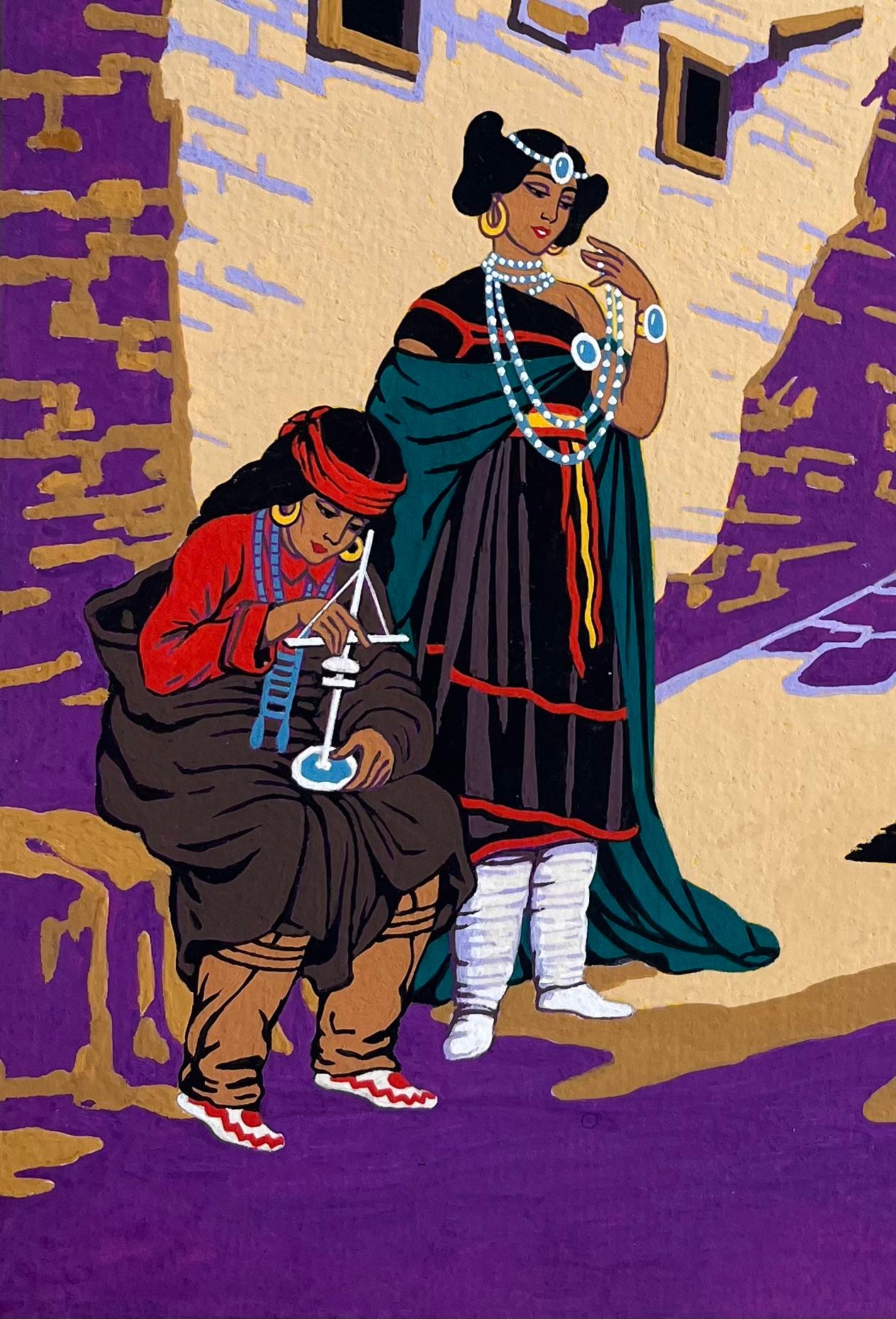Vibrante dipinto a guazzo francese di creatori di gioielli Navajo ad Albuquerque - Art American Modern di Emile GALLOIS (1882-1965)