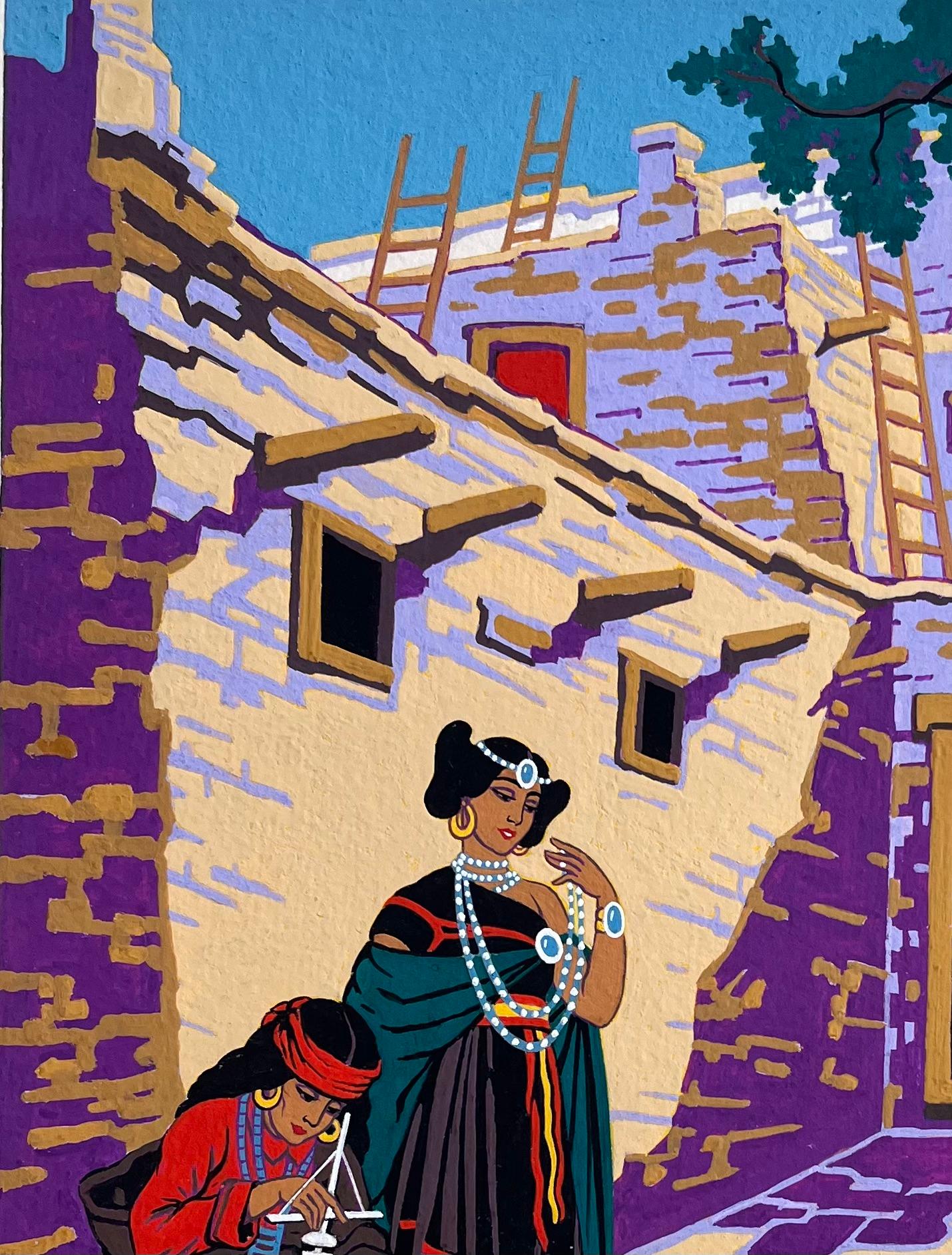 Vibrante dipinto a guazzo francese di creatori di gioielli Navajo ad Albuquerque in vendita 1