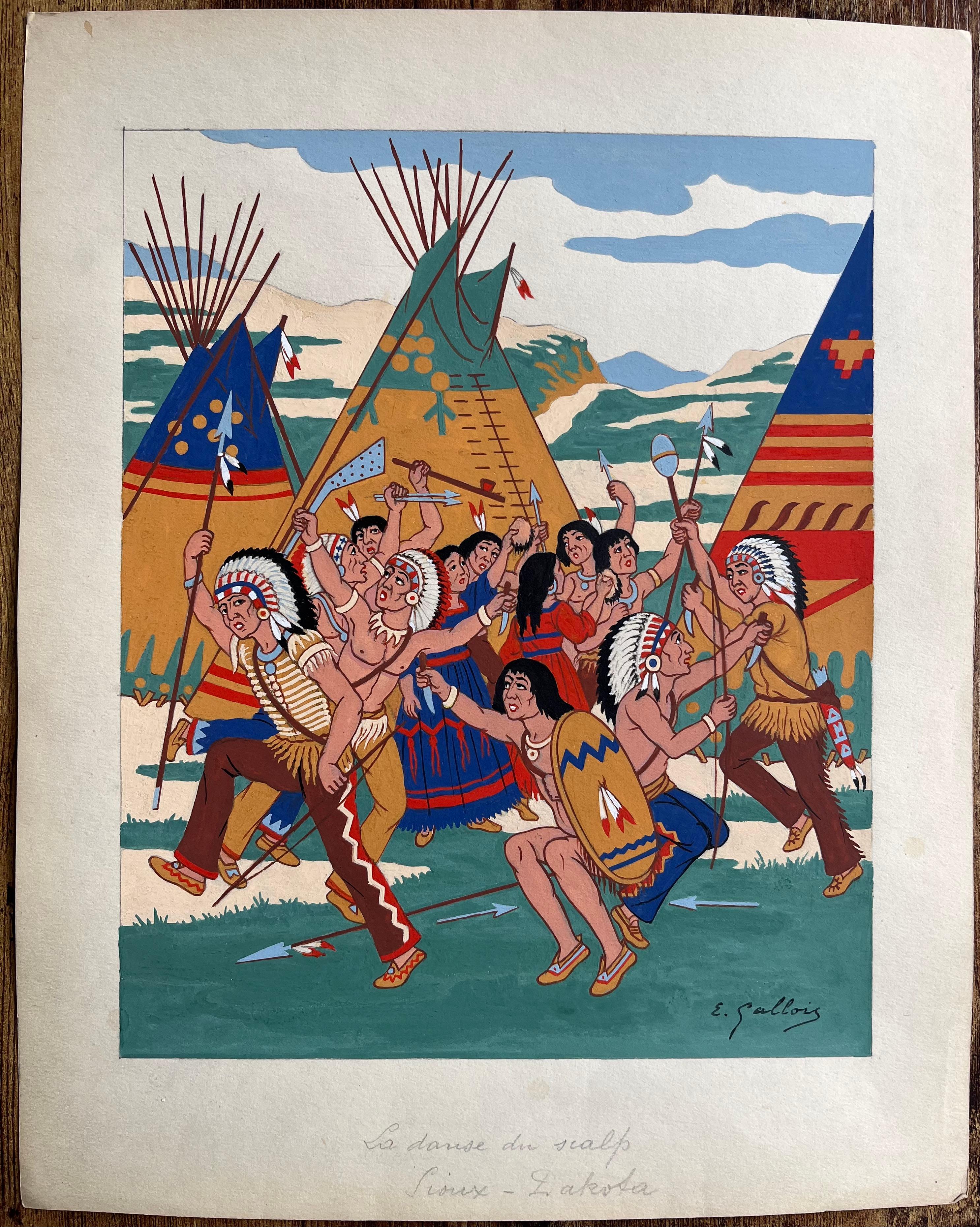 French Gouache Painting of Sioux Scalp Dance Ritual in South Dakota - Brown Figurative Painting by Emile GALLOIS (1882-1965)