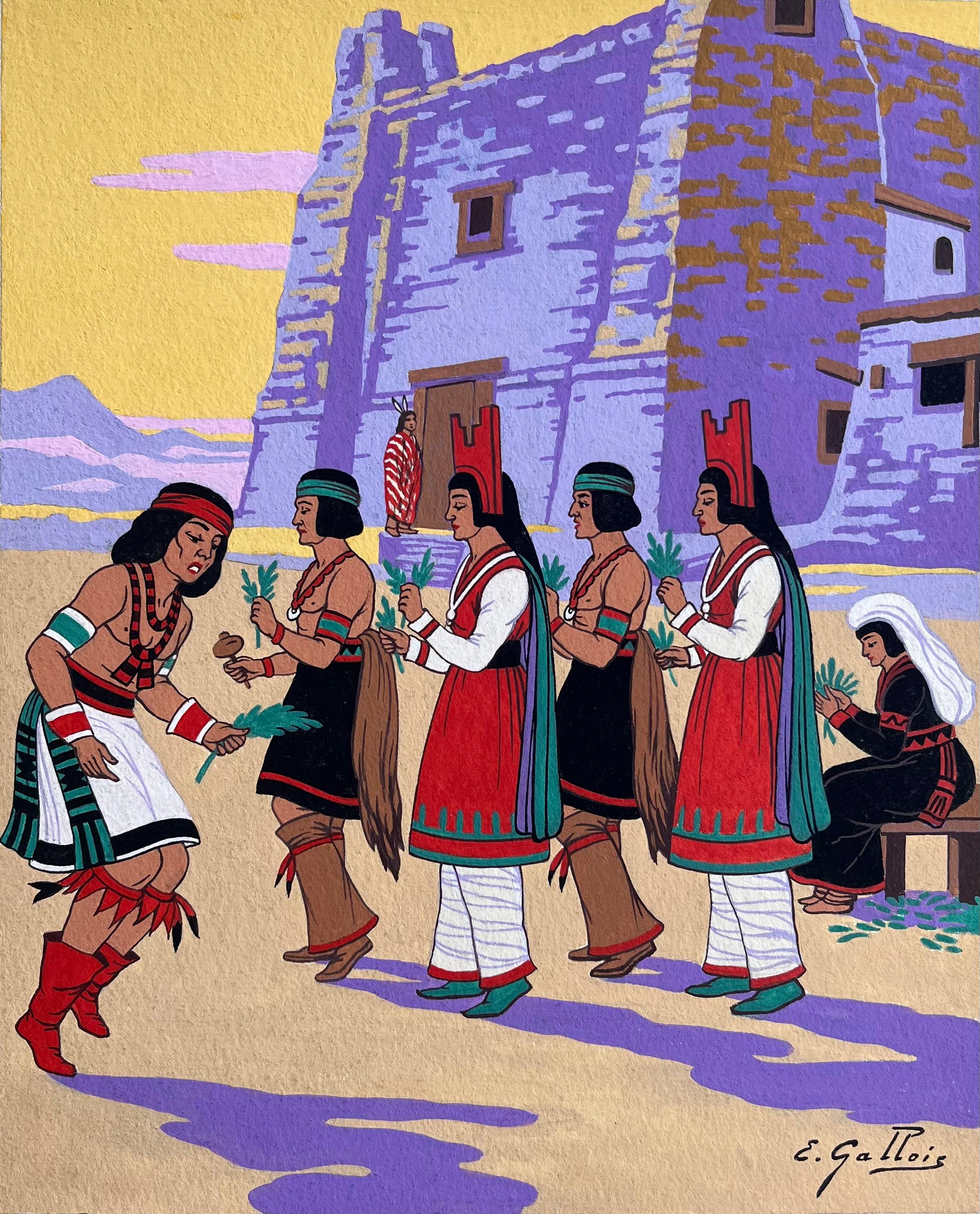 Emile GALLOIS (1882-1965) Figurative Art – Französisches Gouache-Gemälde des Acoma Pueblo Korn Tanzes in New Mexico