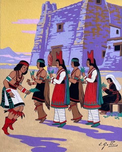 Pintura al gouache francés de la Danza del Maíz del Pueblo Acoma en Nuevo México