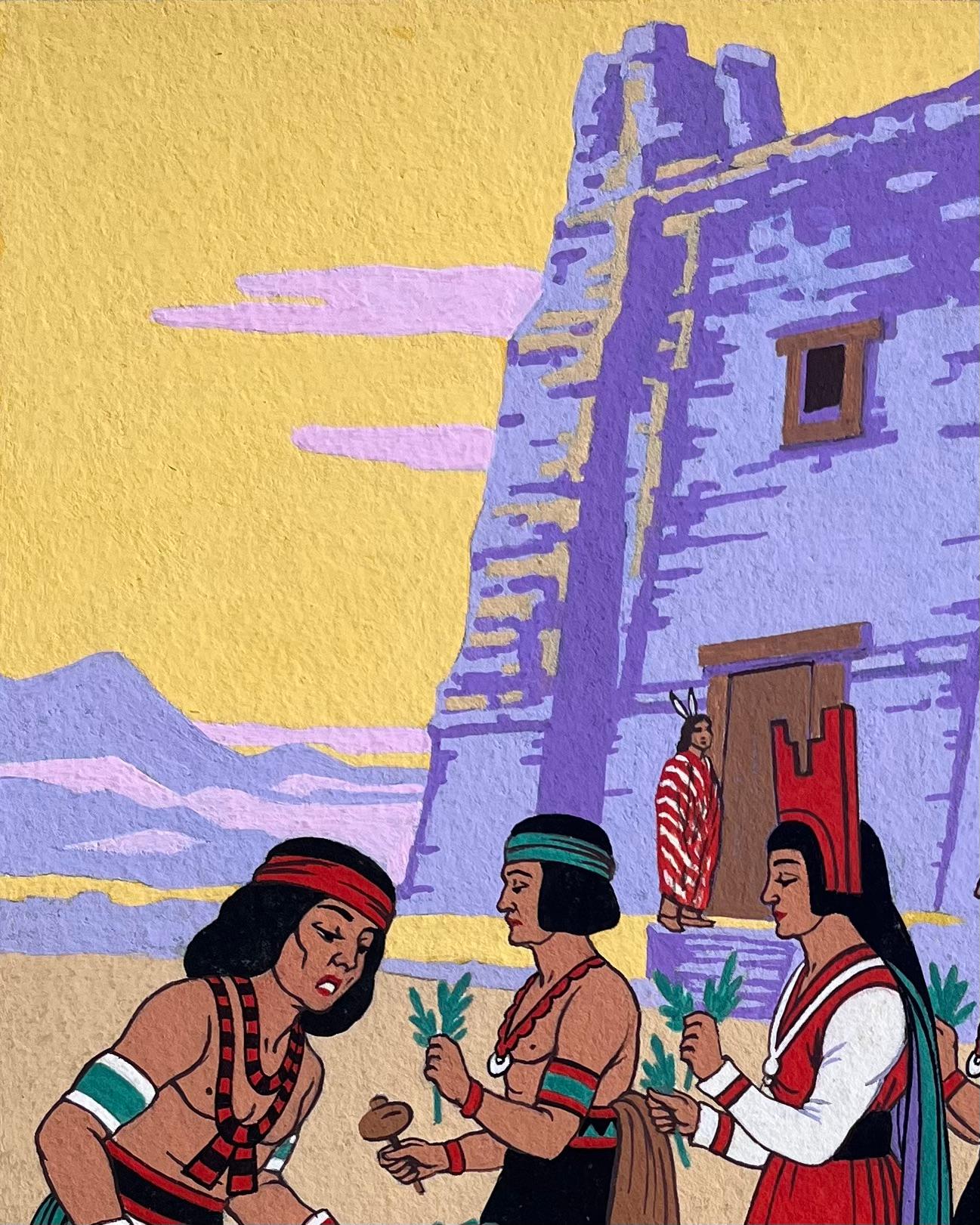 Titel: Französische Gouache-Malerei des Acoma Pueblo Corn Dance in New Mexico
von Emile GALLOIS (1882-1965, Franzose)
Unterschrieben: Ja
Medium: Original-Gouache-Gemälde auf dickem, ungerahmtem Papier,
Größe: 13,75 Zoll (Höhe) x 11 Zoll