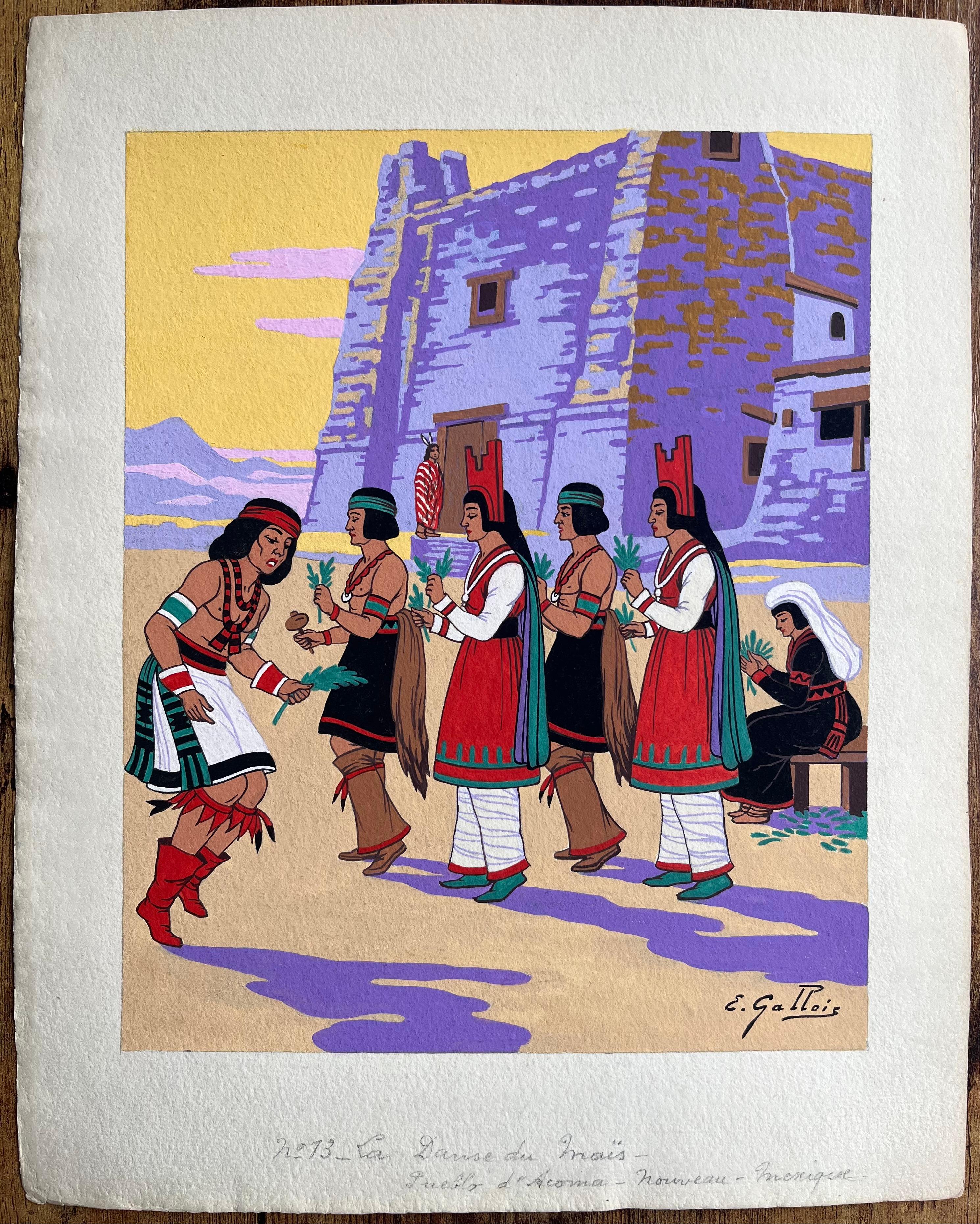 Französisches Gouache-Gemälde des Acoma Pueblo Korn Tanzes in New Mexico – Art von Emile GALLOIS (1882-1965)