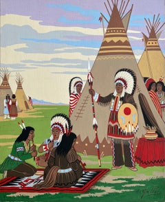 Französisches Gouache-Gemälde eines indigenen Council Gathering in Colorado, Nevada, Colorado