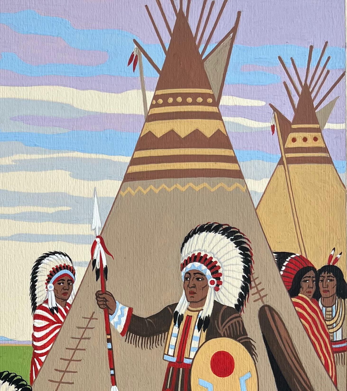 French Gouache Painting of Indigenous Council Gathering in Colorado Nevada For Sale 1