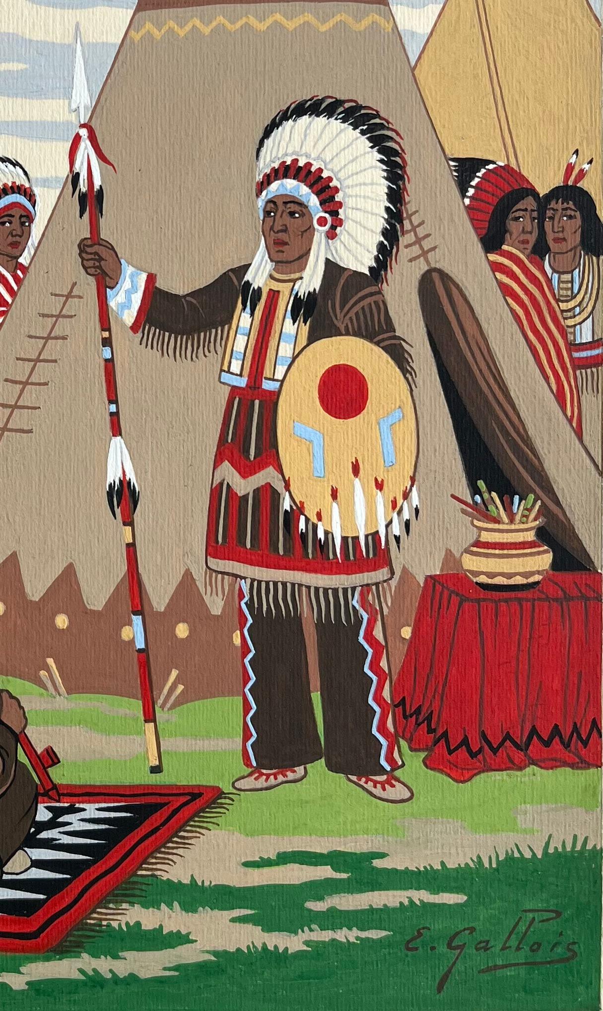 French Gouache Painting of Indigenous Council Gathering in Colorado Nevada - Brown Figurative Art by Emile GALLOIS (1882-1965)