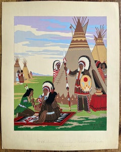 Pittura francese a guazzo di un raduno di indigeni in Colorado Nevada