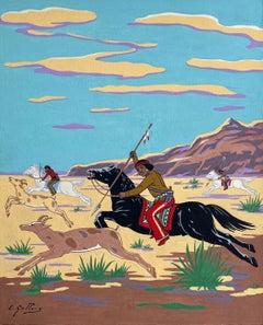 Pintura francesa al gouache sobre la caza de antílopes por nativos americanos en Utah