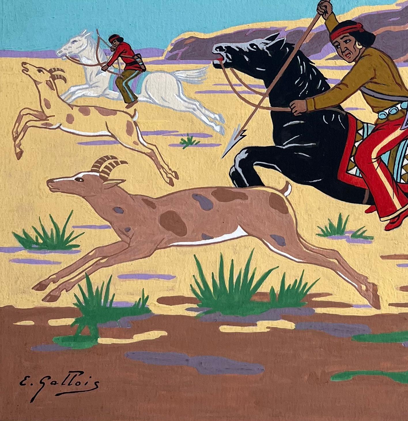 Title: French Gouache Painting of Native American Antelope Hunt in Utah
by Emile GALLOIS (1882-1965, French)
Signed: Yes
Medium: Original gouache painting on thick unframed paper,
Size: 13.75 inches (height) x 11 inches (depth)
Conditon: Very