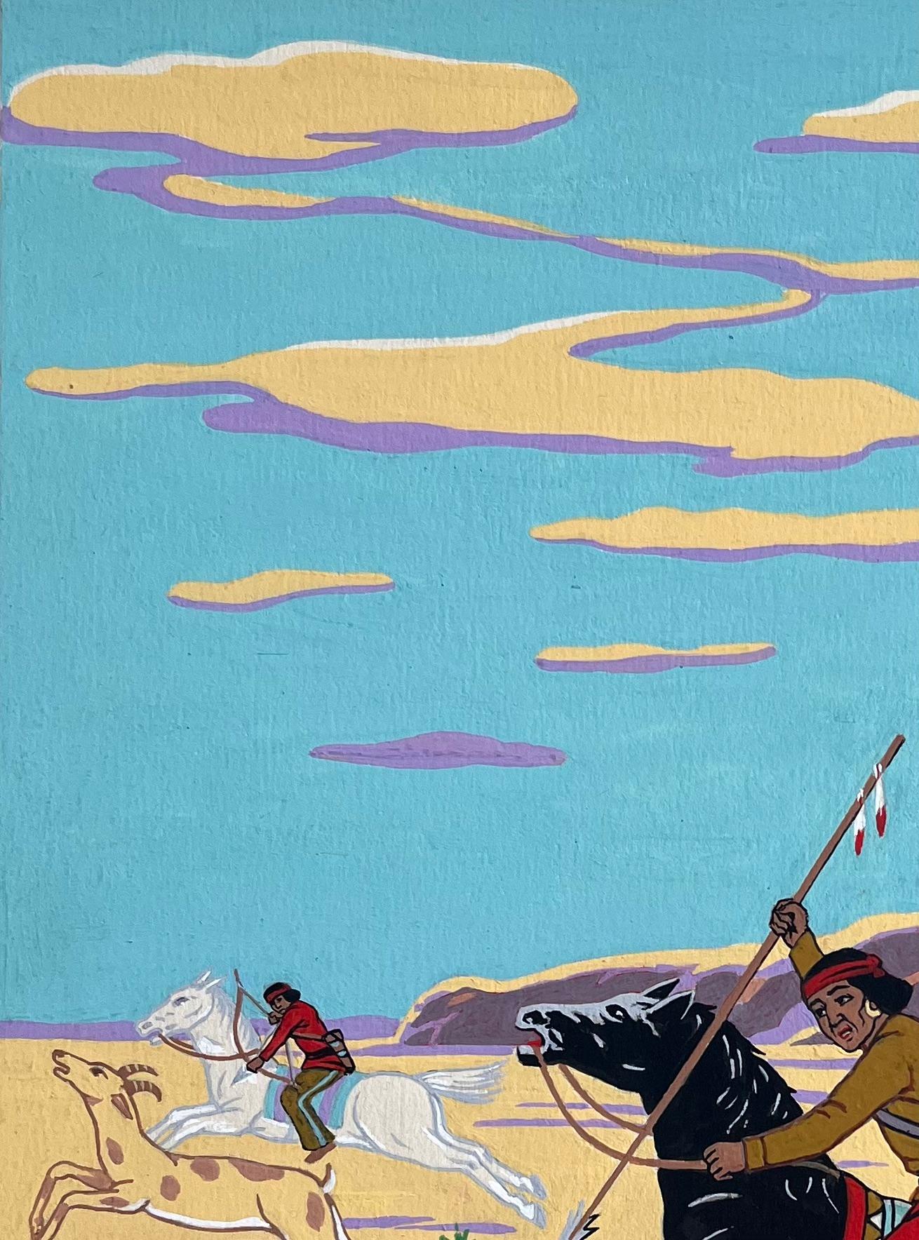 French Gouache Painting of Native American Antelope Hunt in Utah For Sale 3